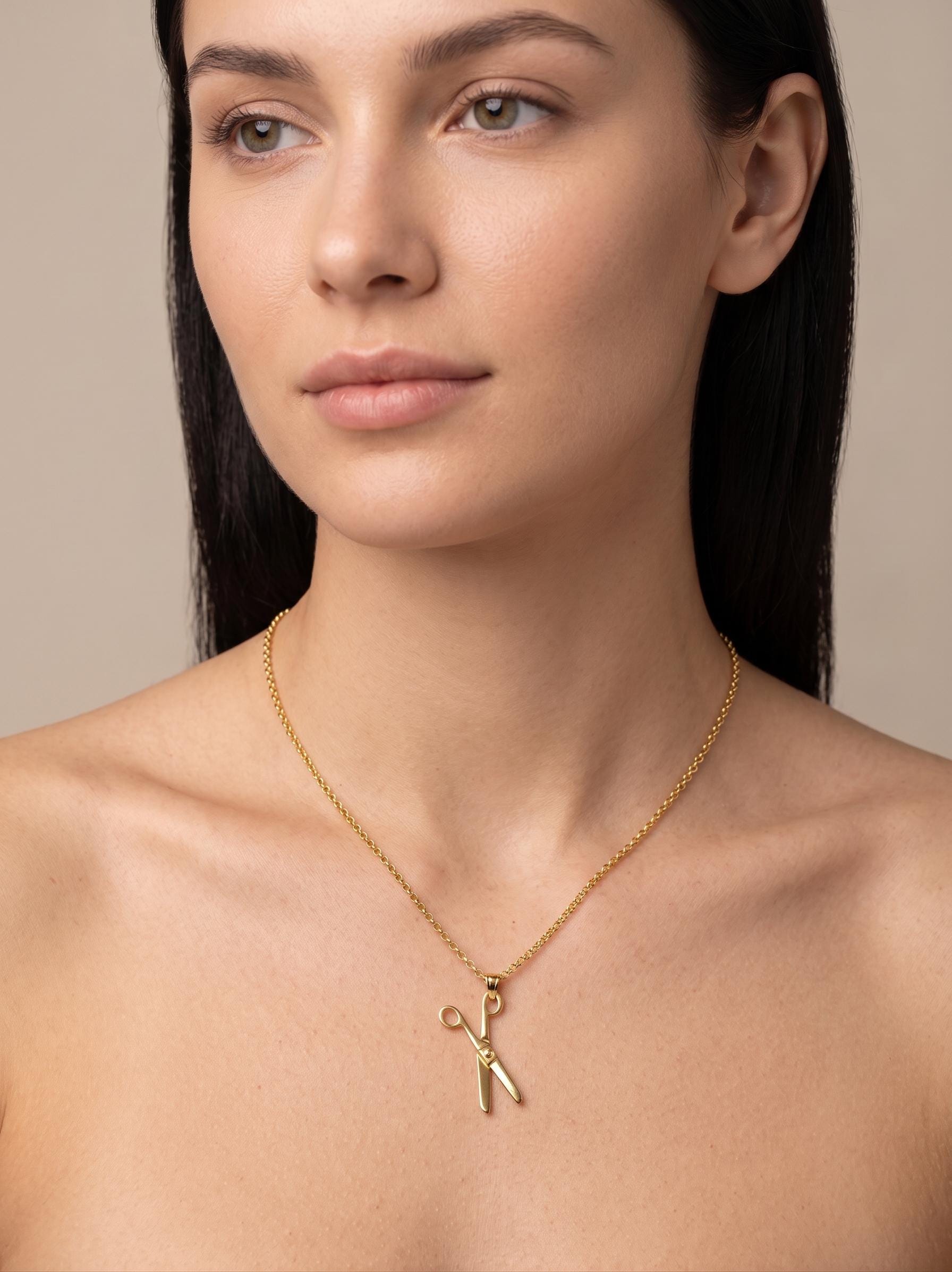 18K Real Gold Scissor Necklace - Rolo Chain Hair Stylist Gift (19.5 inches)