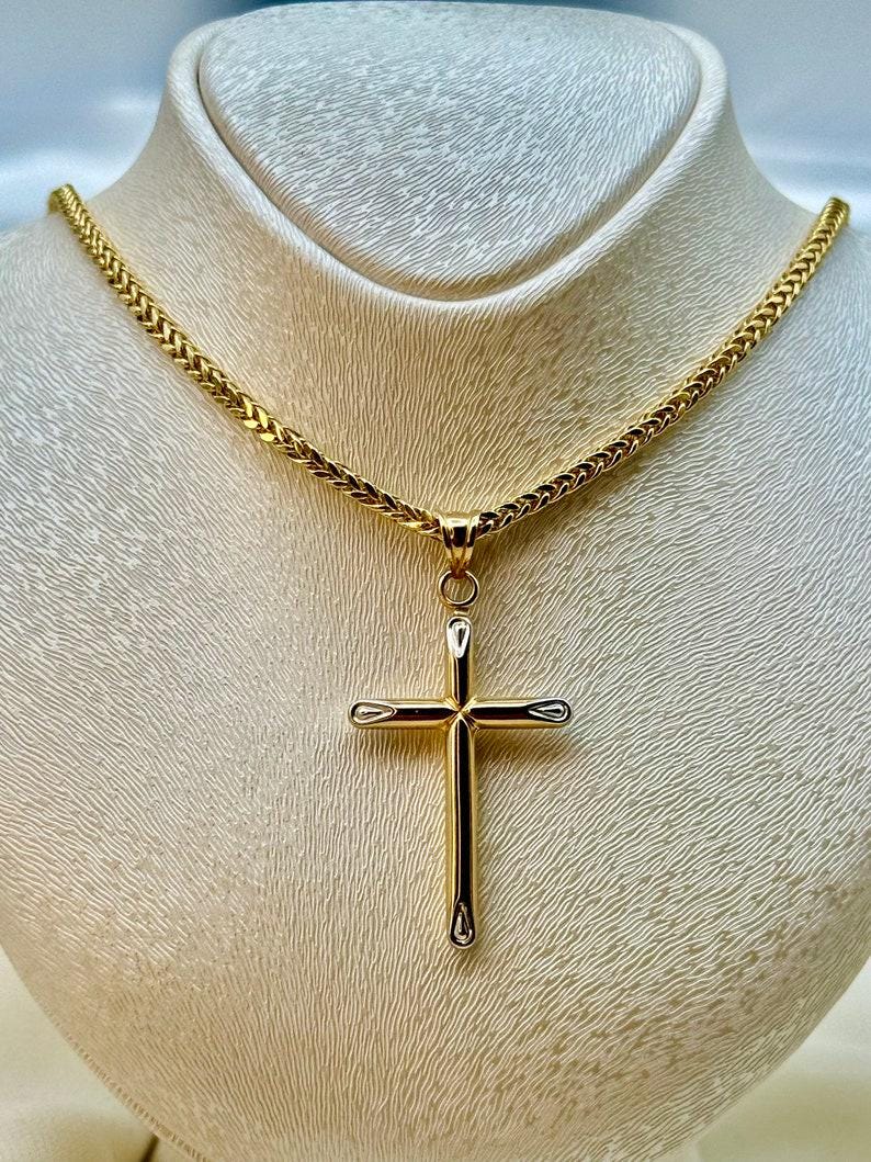 18k Gold Cross Necklace: Foxtail Chain 2mm, Gift Box