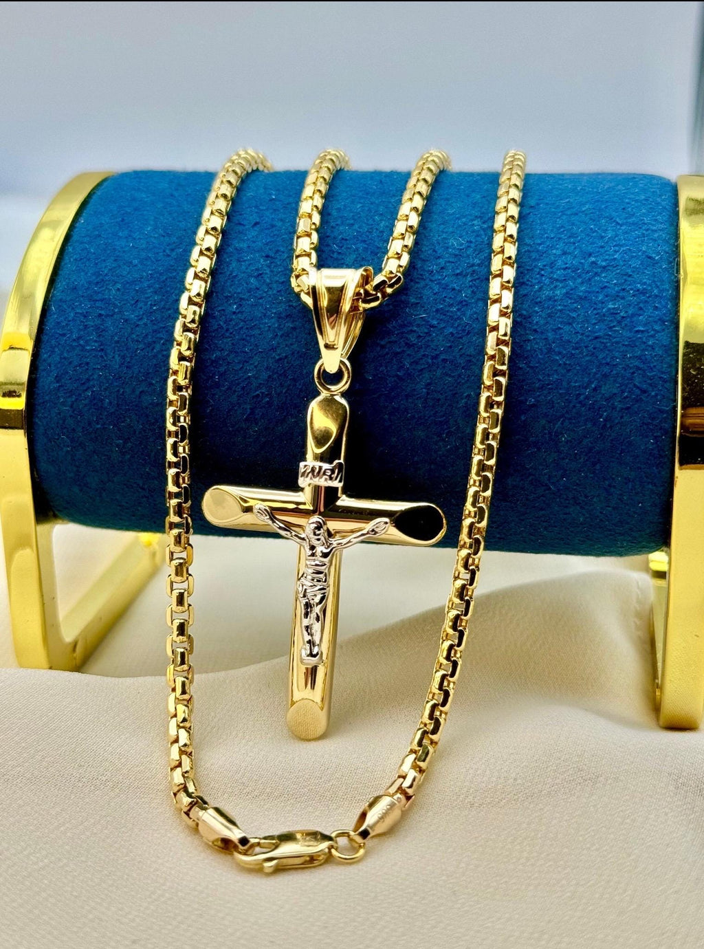 14K Real Gold Cross Necklace with Box Chain, 22 & 24 Inch Length