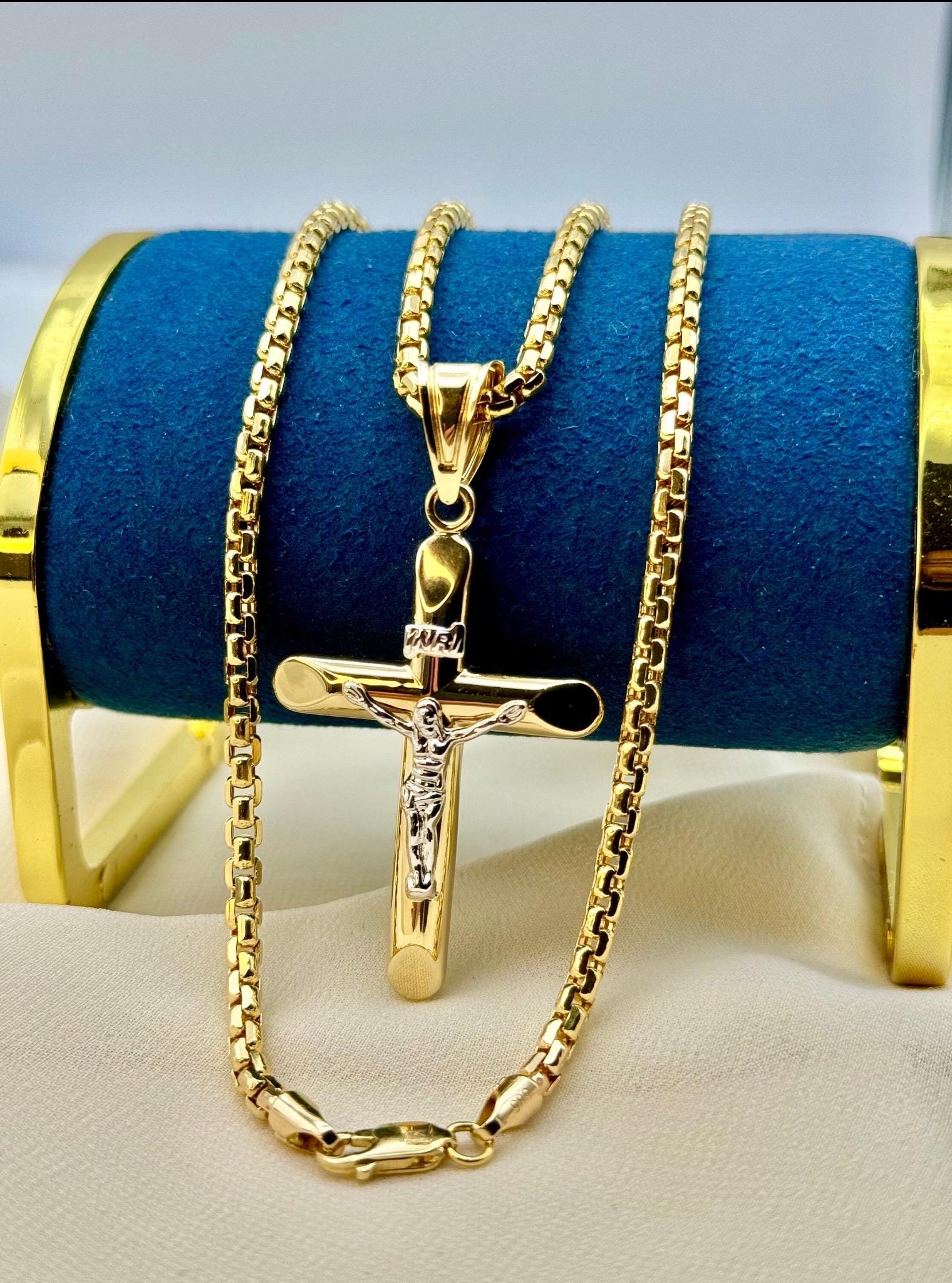 14K Real Gold Cross Necklace with Box Chain, 22 & 24 Inch Length