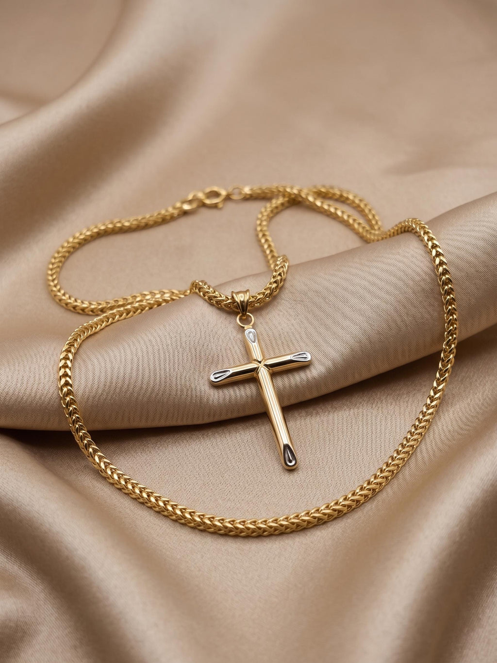 18k Gold Cross Necklace: Foxtail Chain 2mm, Gift Box