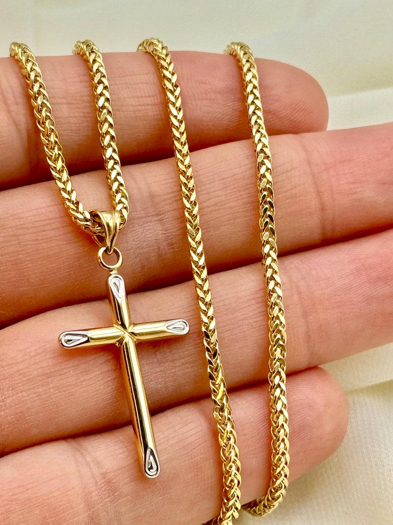 18k Gold Cross Necklace: Foxtail Chain 2mm, Gift Box