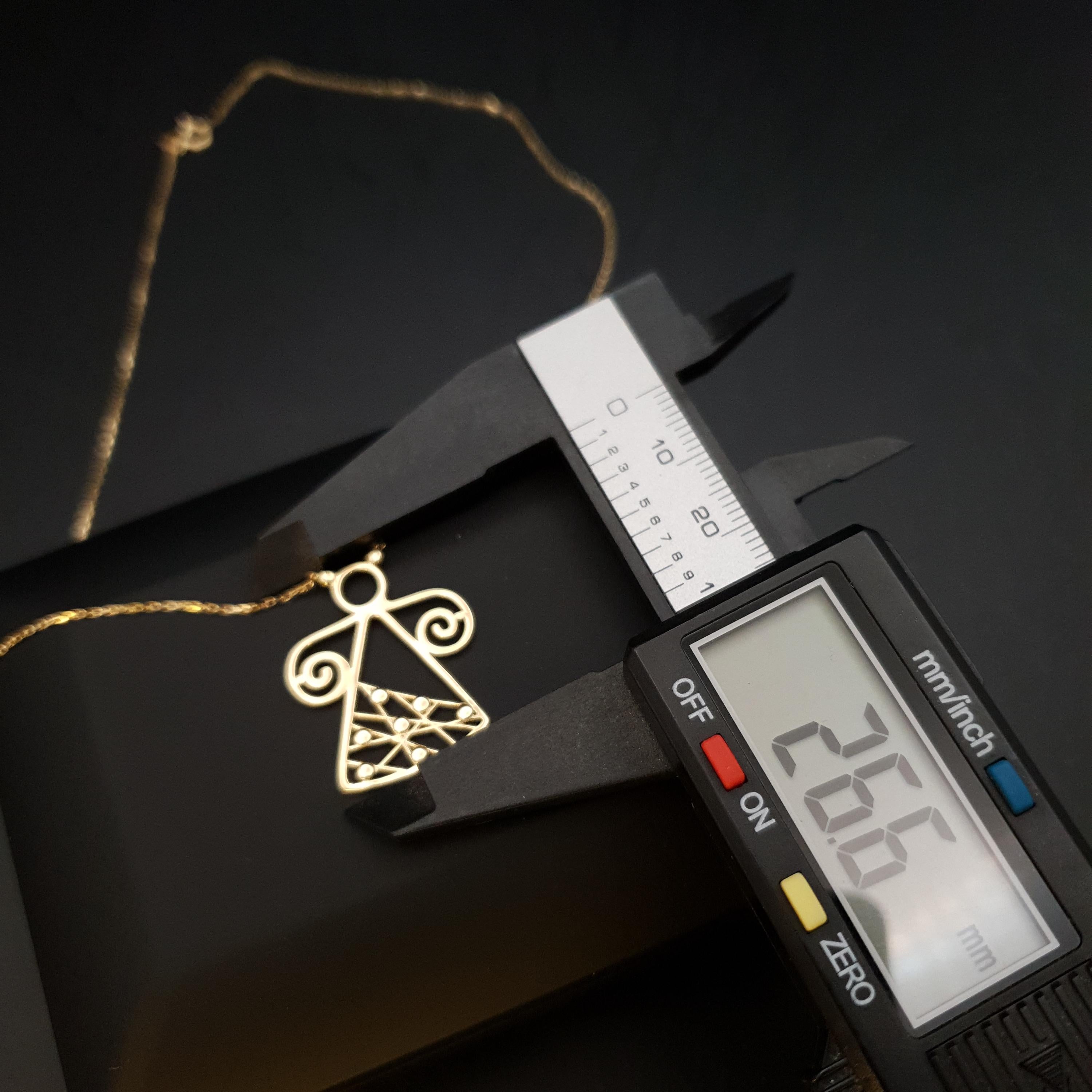 18K Gold Angel Pendant Necklace: Abstract Design, 17 Inch Chain
