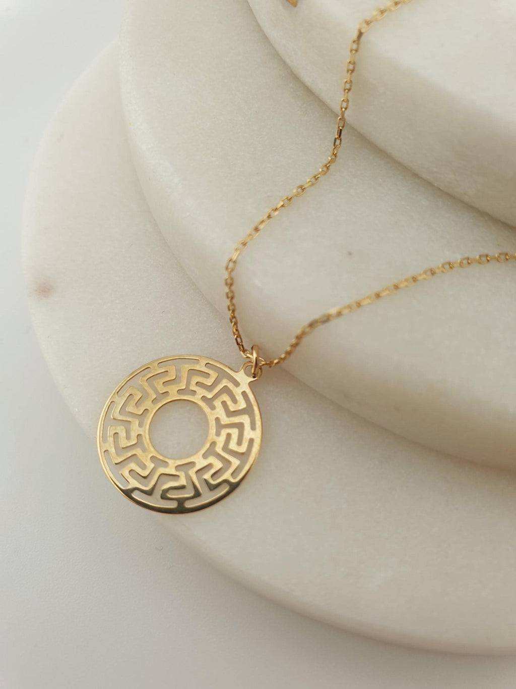 14K Gold Greek Medallion Necklace: Geometric Jewelry Gift