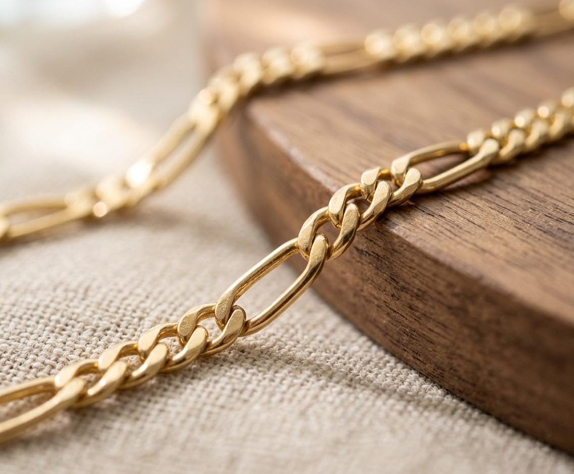 18k Real Gold Figaro Chain Necklace, Thickness 3mm
