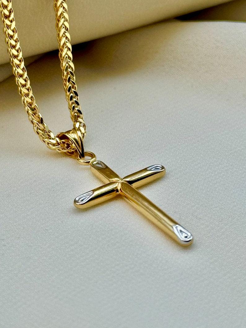 18k Gold Cross Necklace: Foxtail Chain 2mm, Gift Box
