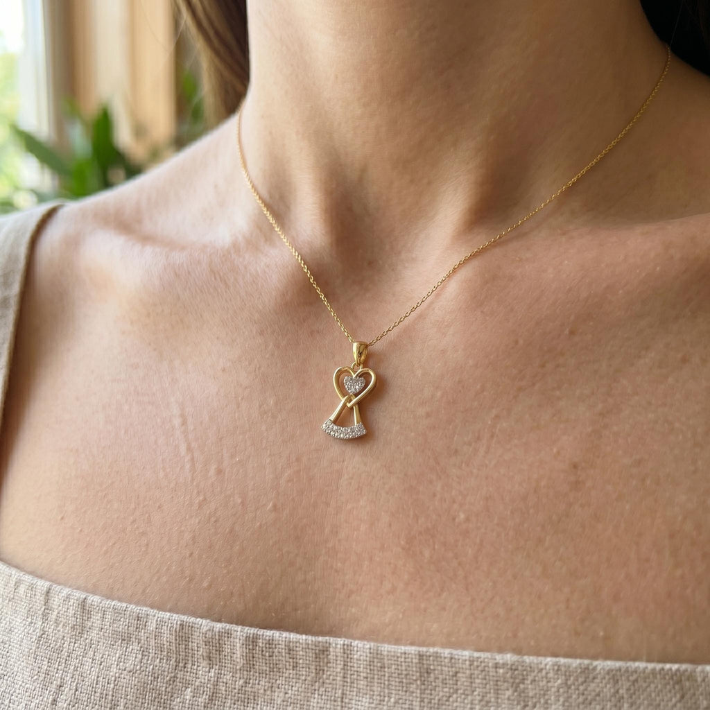 18K Gold Angel Heart Necklace: Delicate Charm Pendant