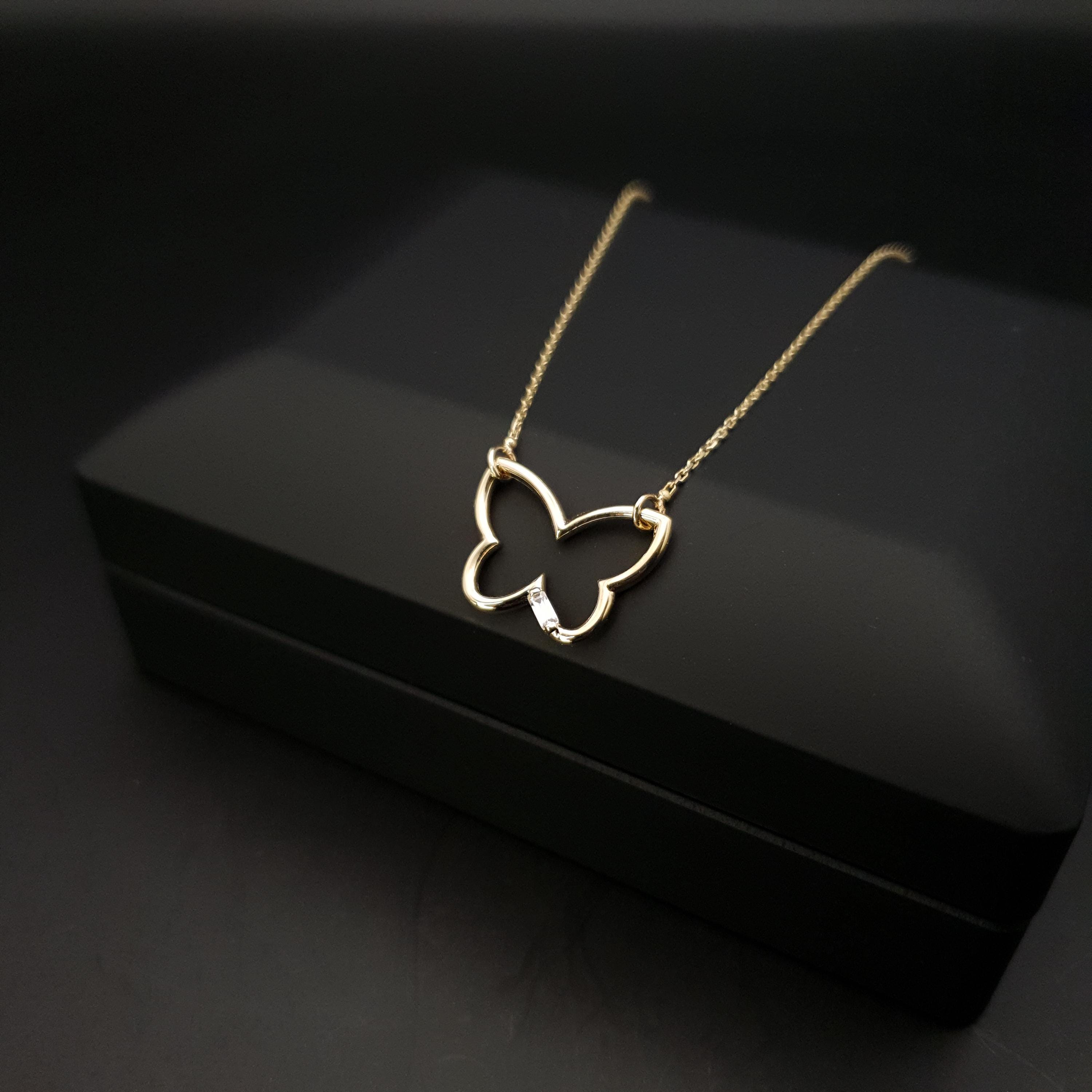14K Gold Butterfly Pendant Necklace, Dainty Charm