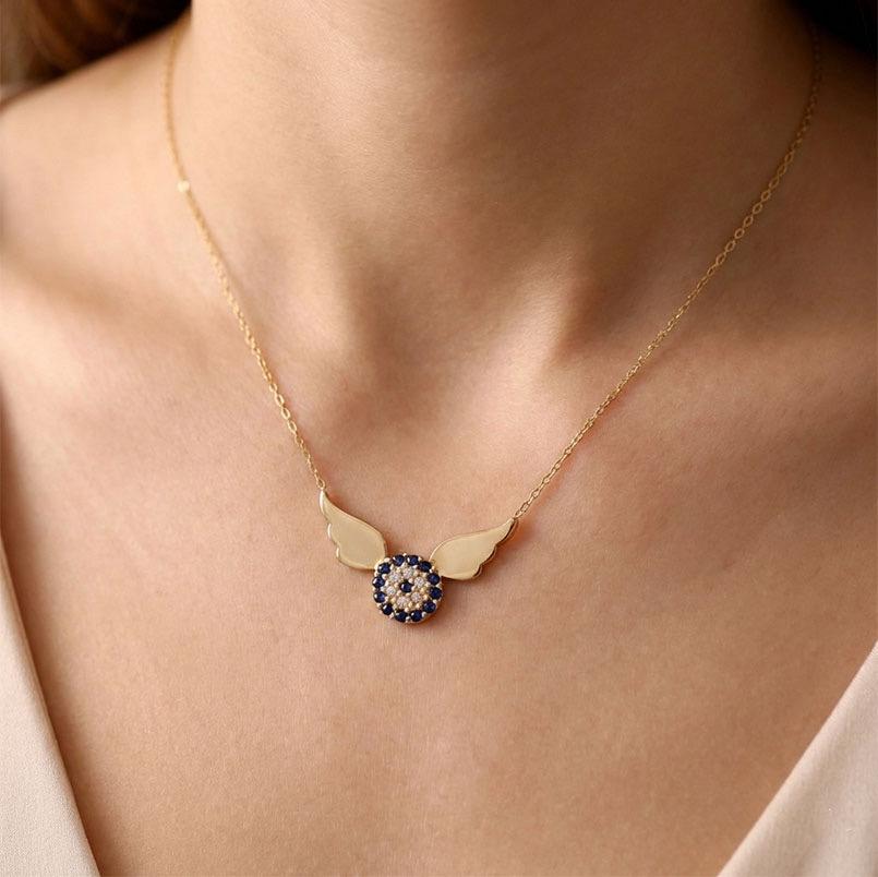 18k Gold Devil Eye Necklace with Wings