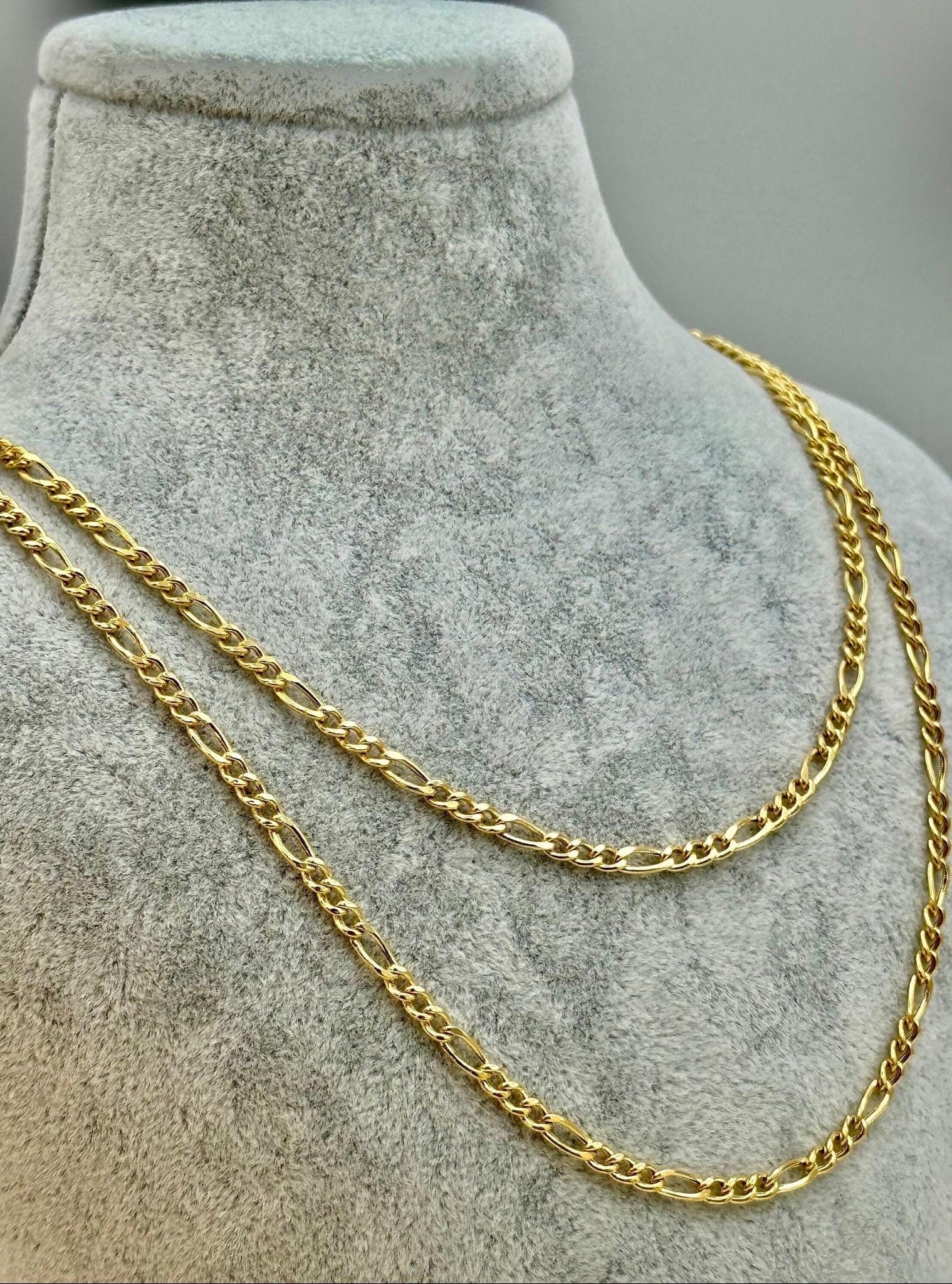 18k Real Gold Figaro Chain Necklace, Thickness 3mm