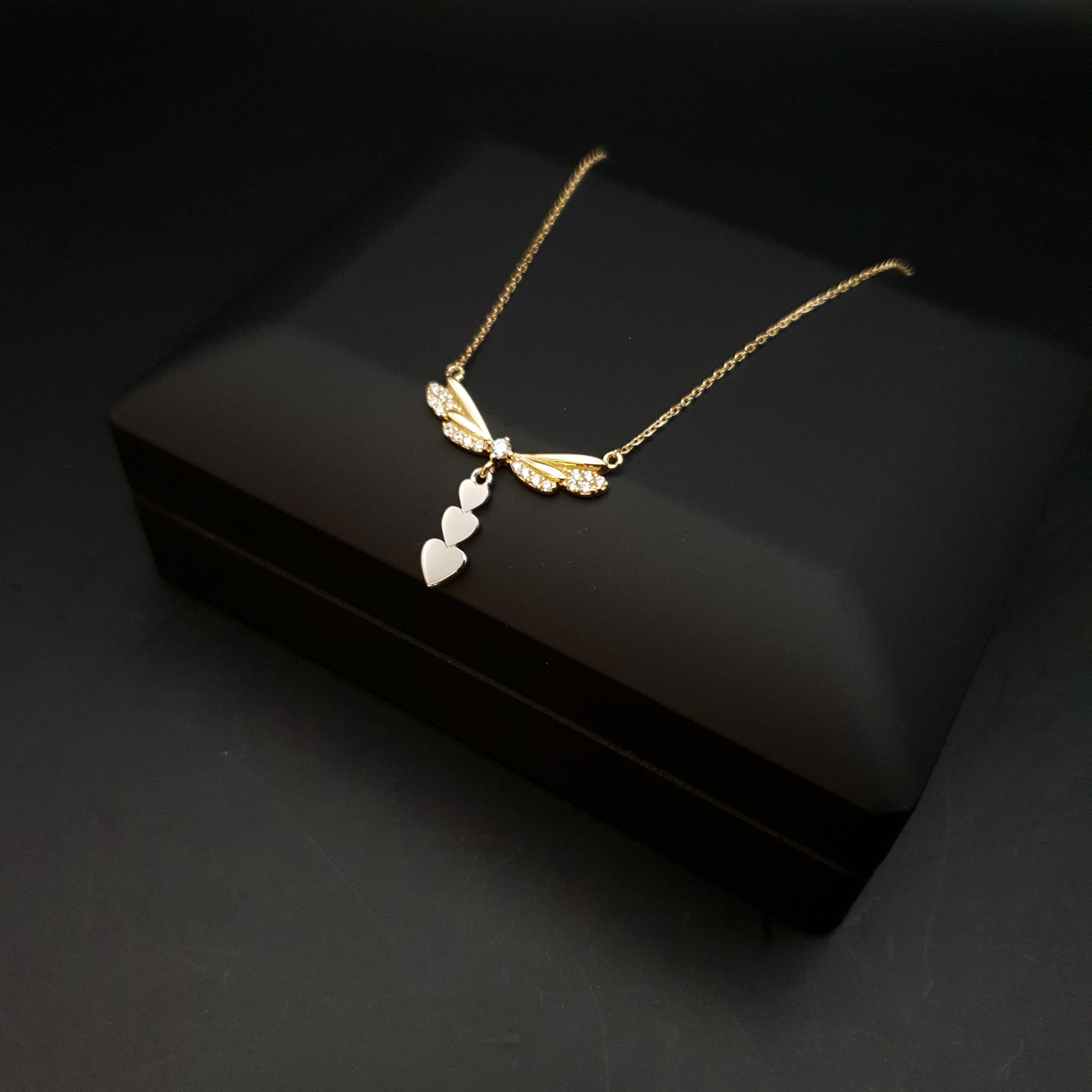 18K Gold Dragonfly Necklace with Heart Charms, Delicate Pendant