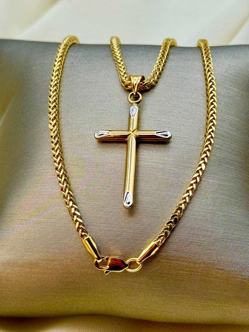 18k Gold Cross Necklace: Foxtail Chain 2mm, Gift Box
