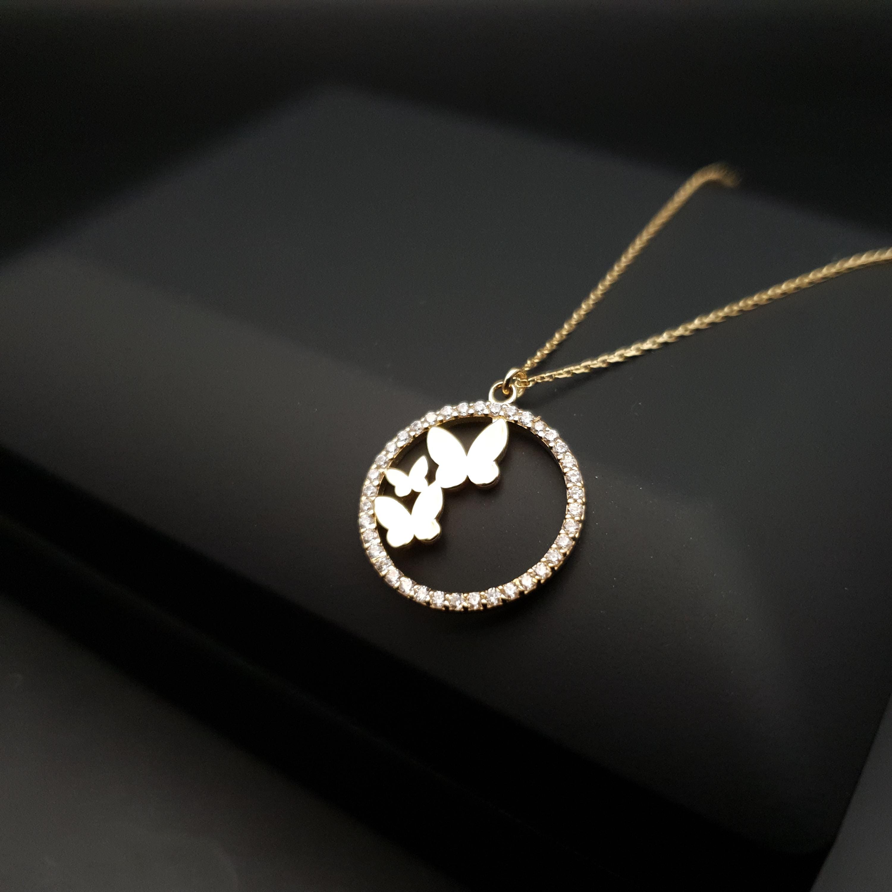 18K Gold Butterfly Necklace: Circle Pendant, Delicate Jewelry