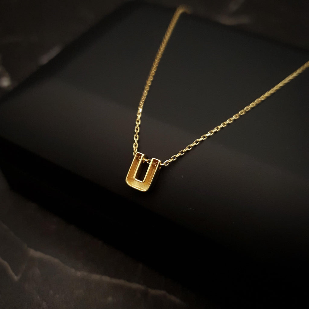 18K Real Gold U Letter Necklace - Minimalist Initial Pendant