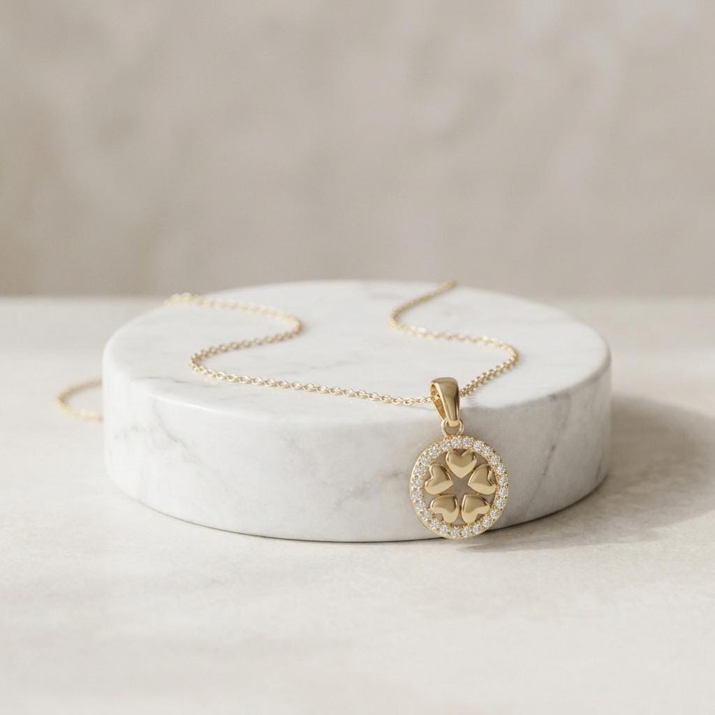 14k Real Gold Floral Heart Necklace: Circle Charm, 17 inch