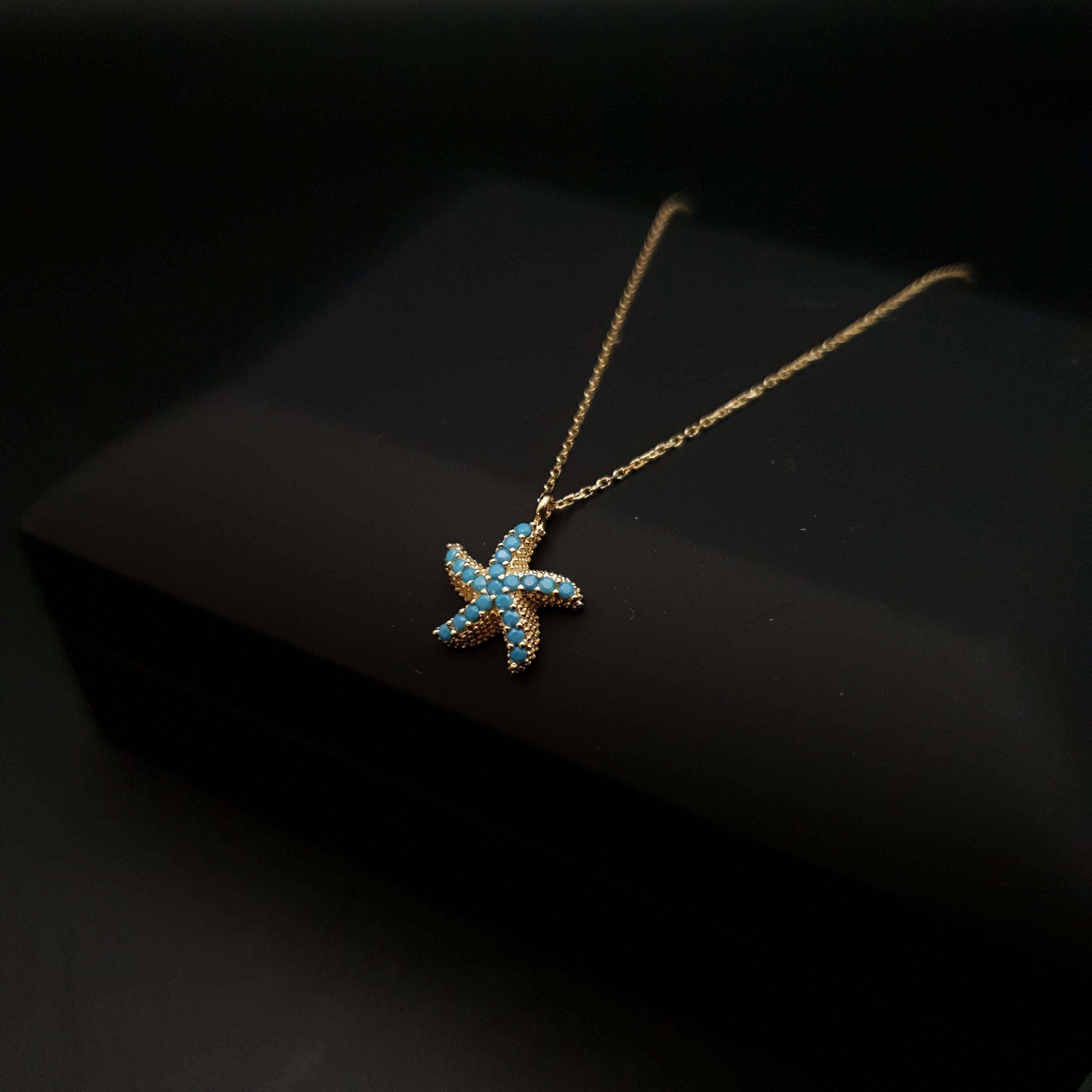 18K Gold Starfish Necklace: Turquoise Beach Design
