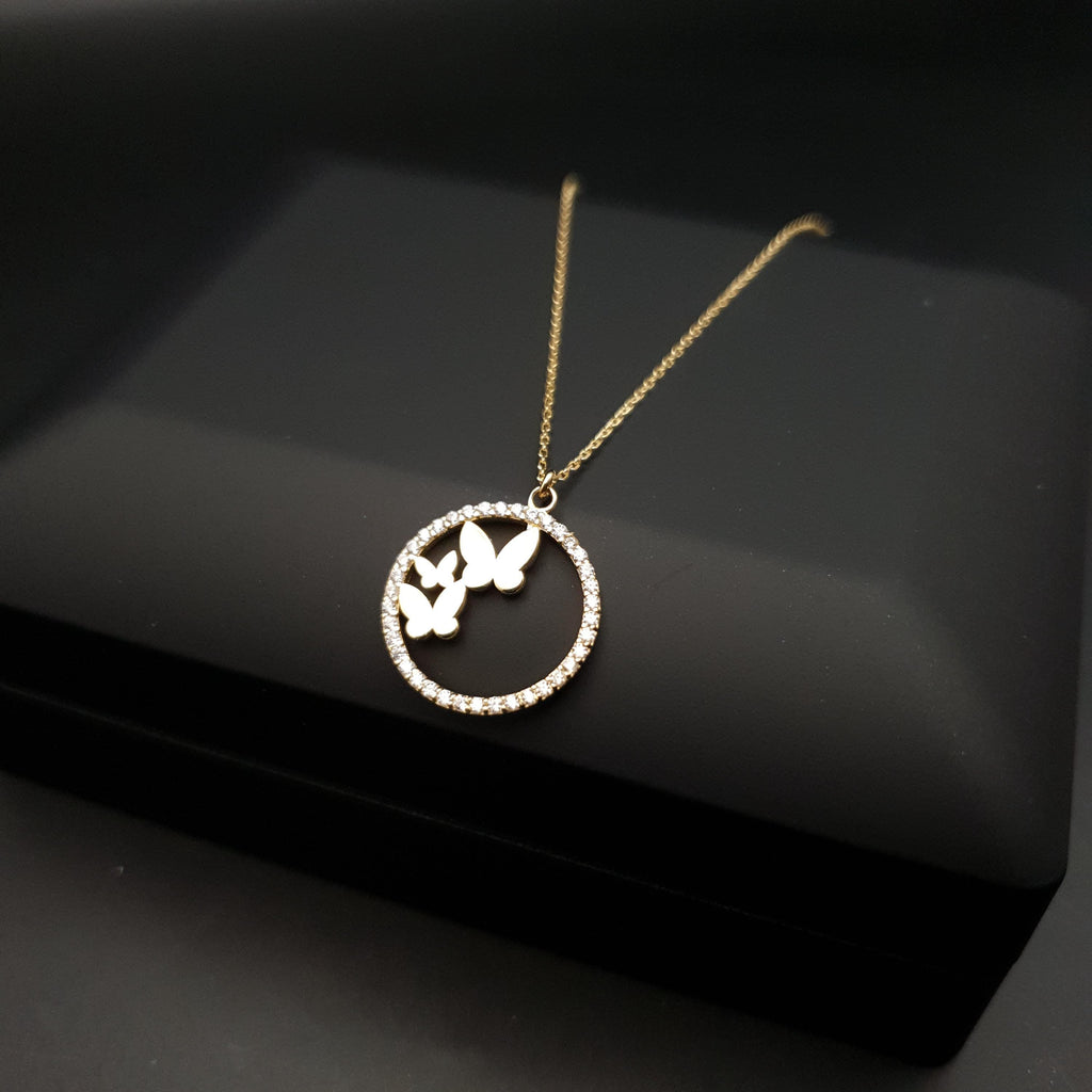 18K Gold Butterfly Necklace: Circle Pendant, Delicate Jewelry