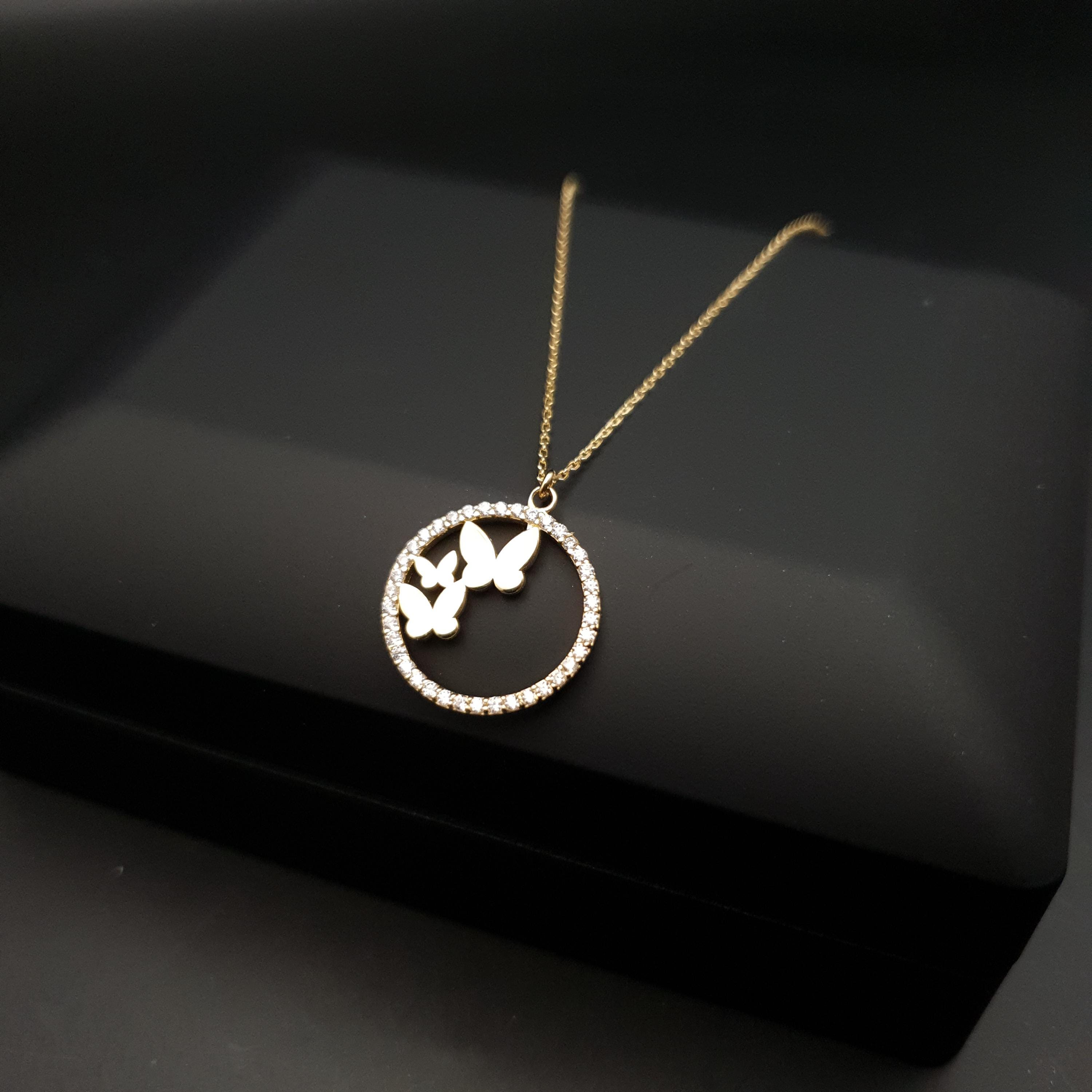 18K Gold Butterfly Necklace: Circle Pendant, Delicate Jewelry
