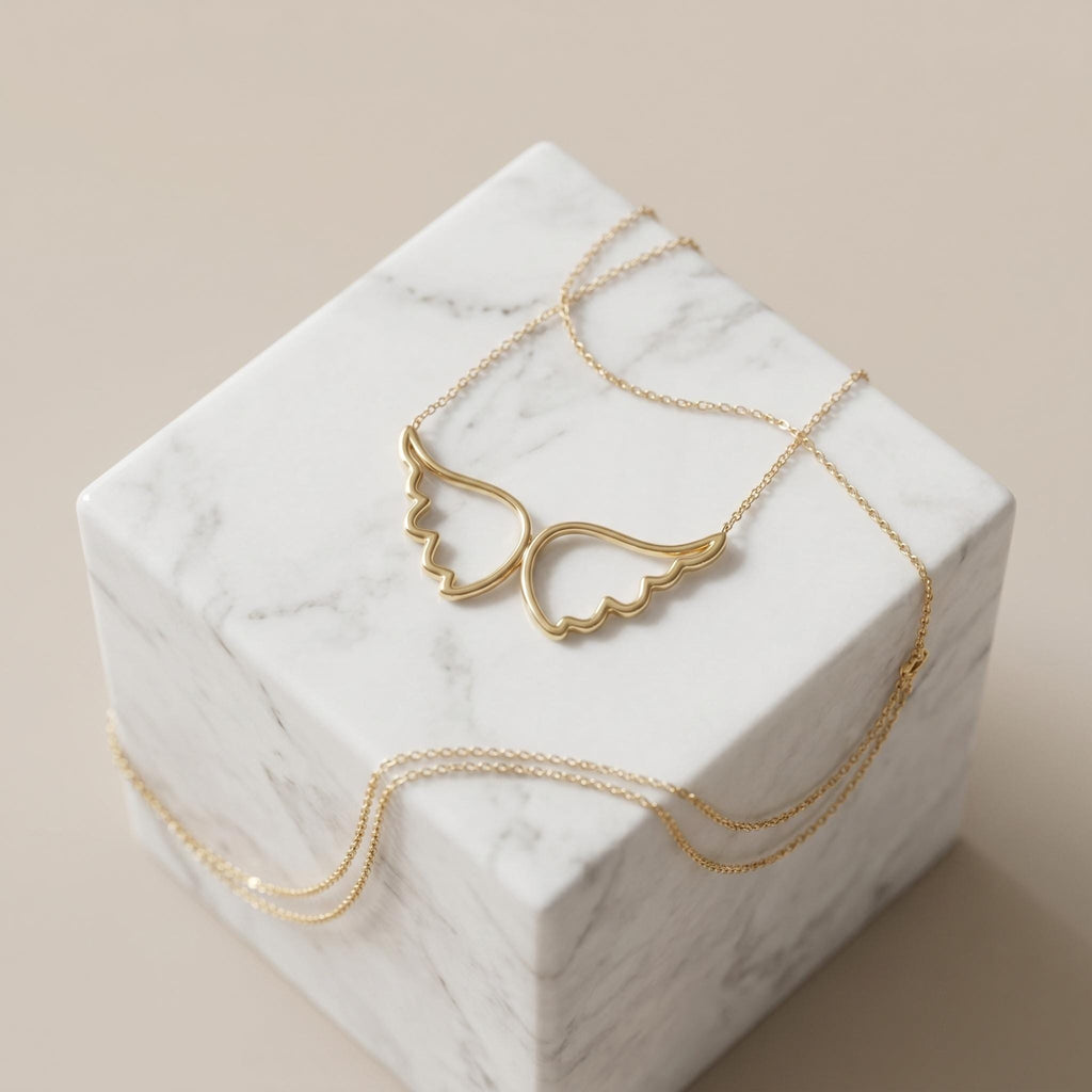 18K Gold Angel Wing Necklace: Delicate Pendant, 18 inch Chain