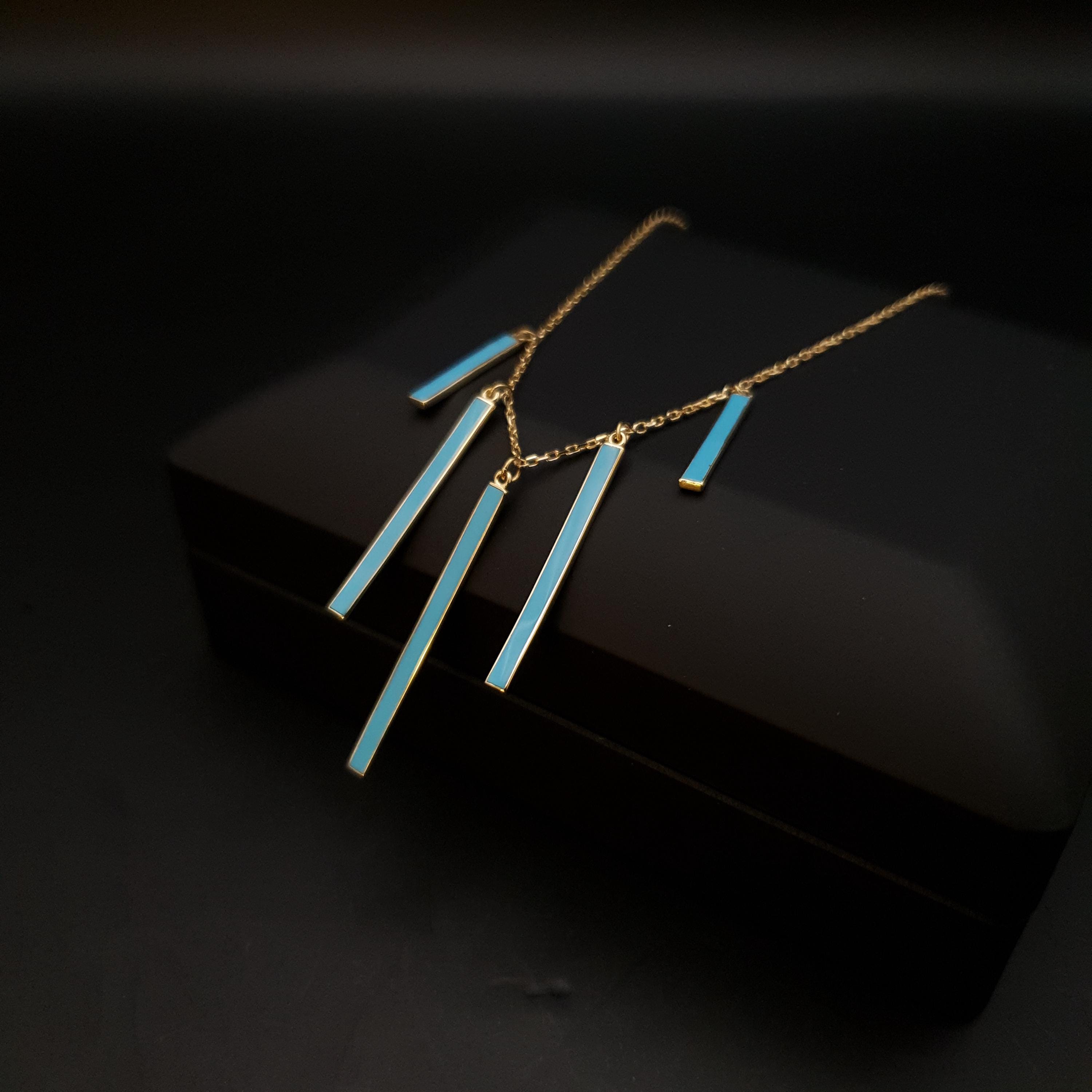 18K Gold Turquoise Bar Necklace: Dainty Modern Pendant