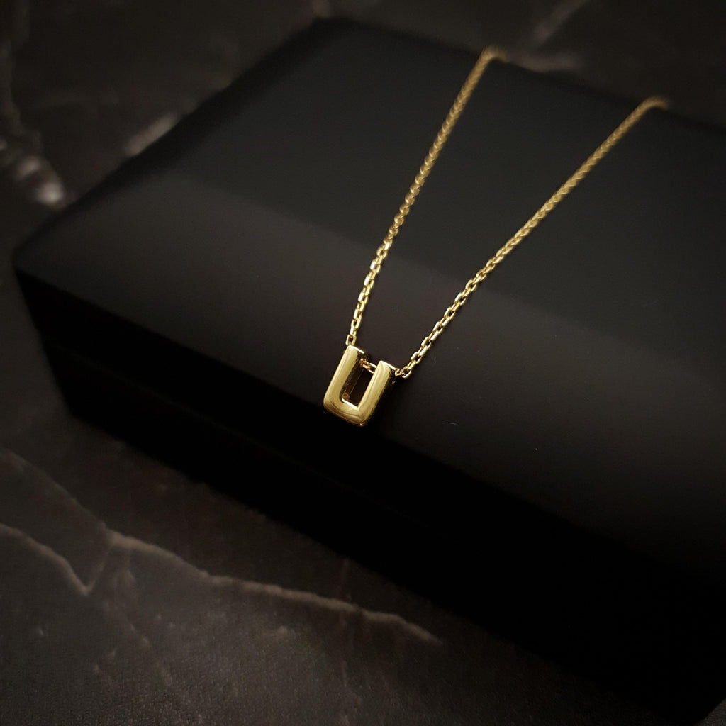 18K Real Gold U Letter Necklace - Minimalist Initial Pendant