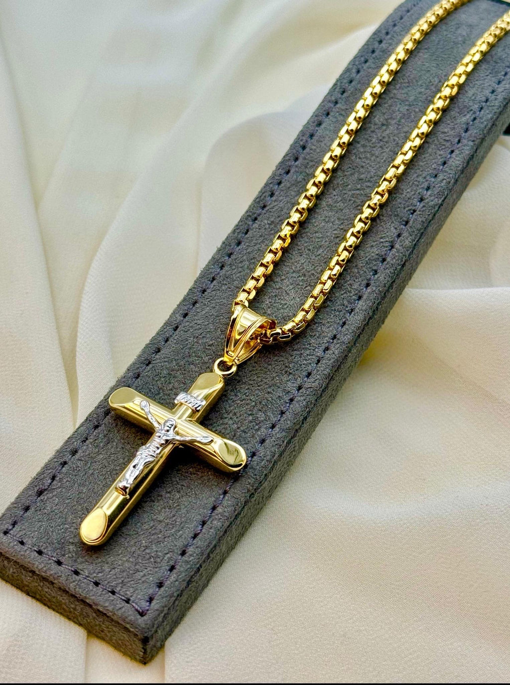 14K Real Gold Cross Necklace with Box Chain, 22 & 24 Inch Length