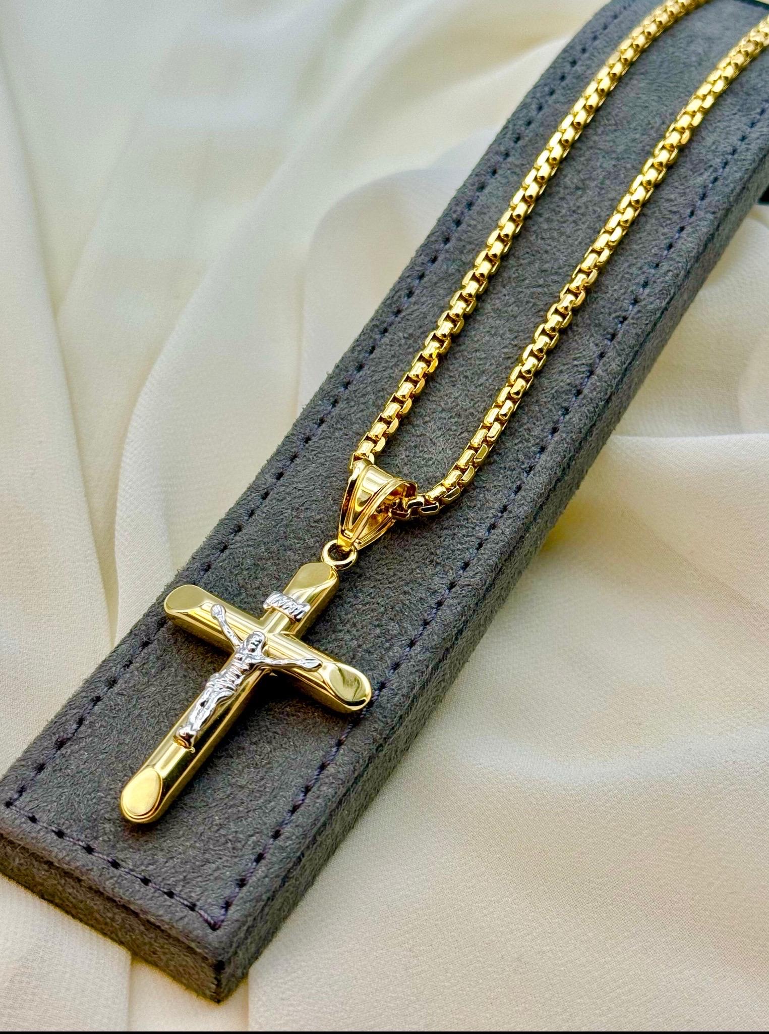 14K Real Gold Cross Necklace with Box Chain, 22 & 24 Inch Length