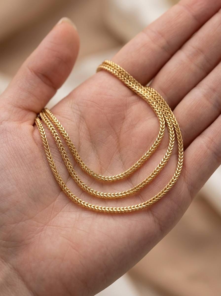 18k Real Gold Franco Chain Necklace , 2.2MM Thickness , Foxtail Chain
