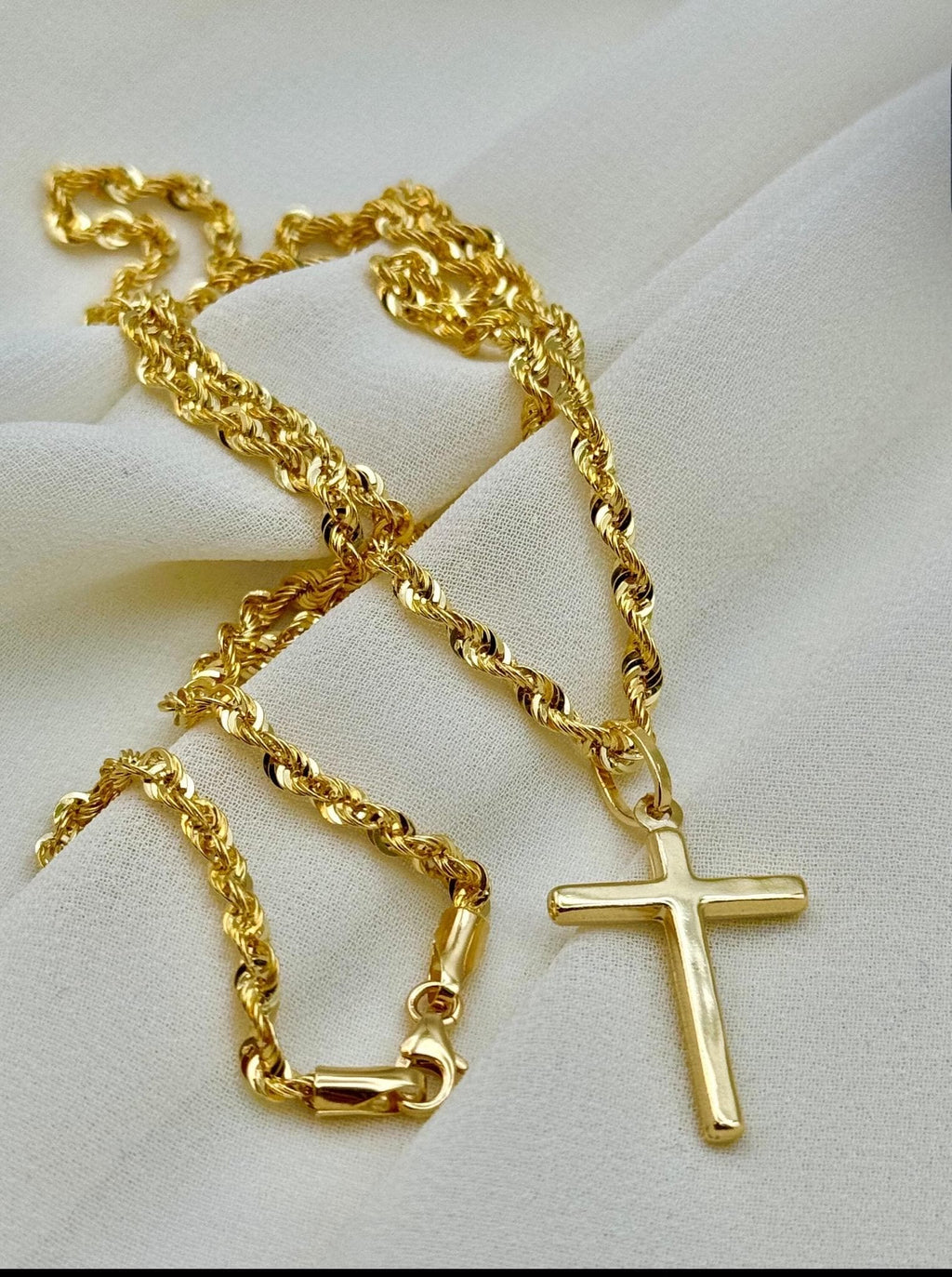 18k Real Gold Cross Necklace: 3mm Rope Chain, Nice Gift