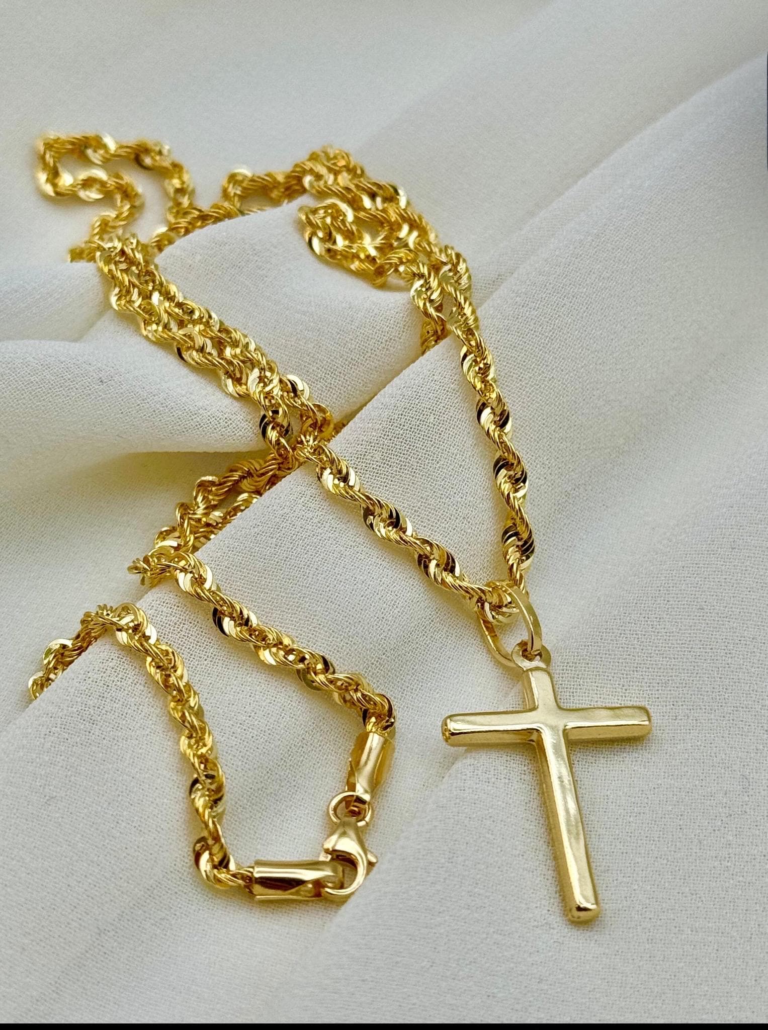 18k Real Gold Cross Necklace: 3mm Rope Chain, Nice Gift
