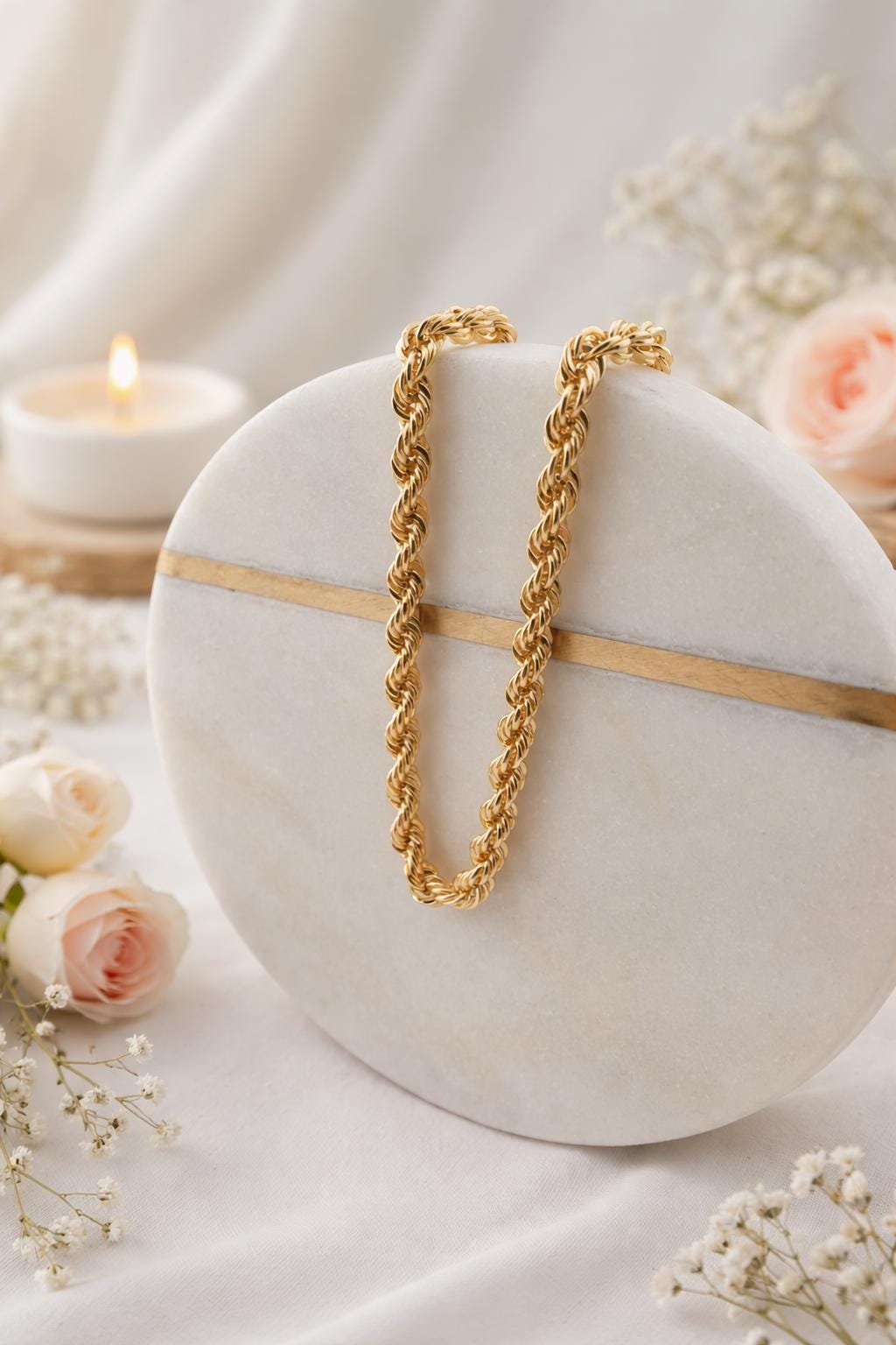 18K Gold Rope Chain Bracelet, 7.5 inch length and 3mm thickness,