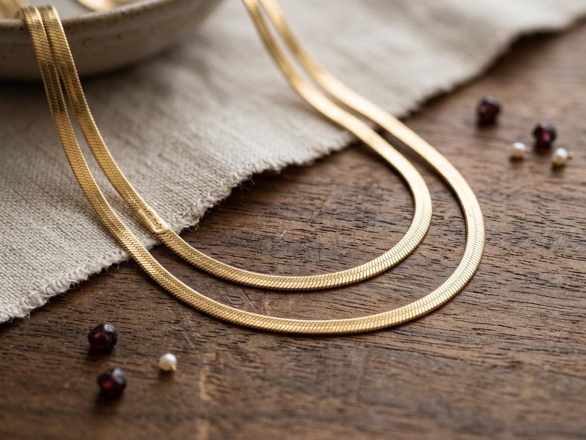 14k Real Gold Herringbone Snake Chain Necklace. (3.5MM)