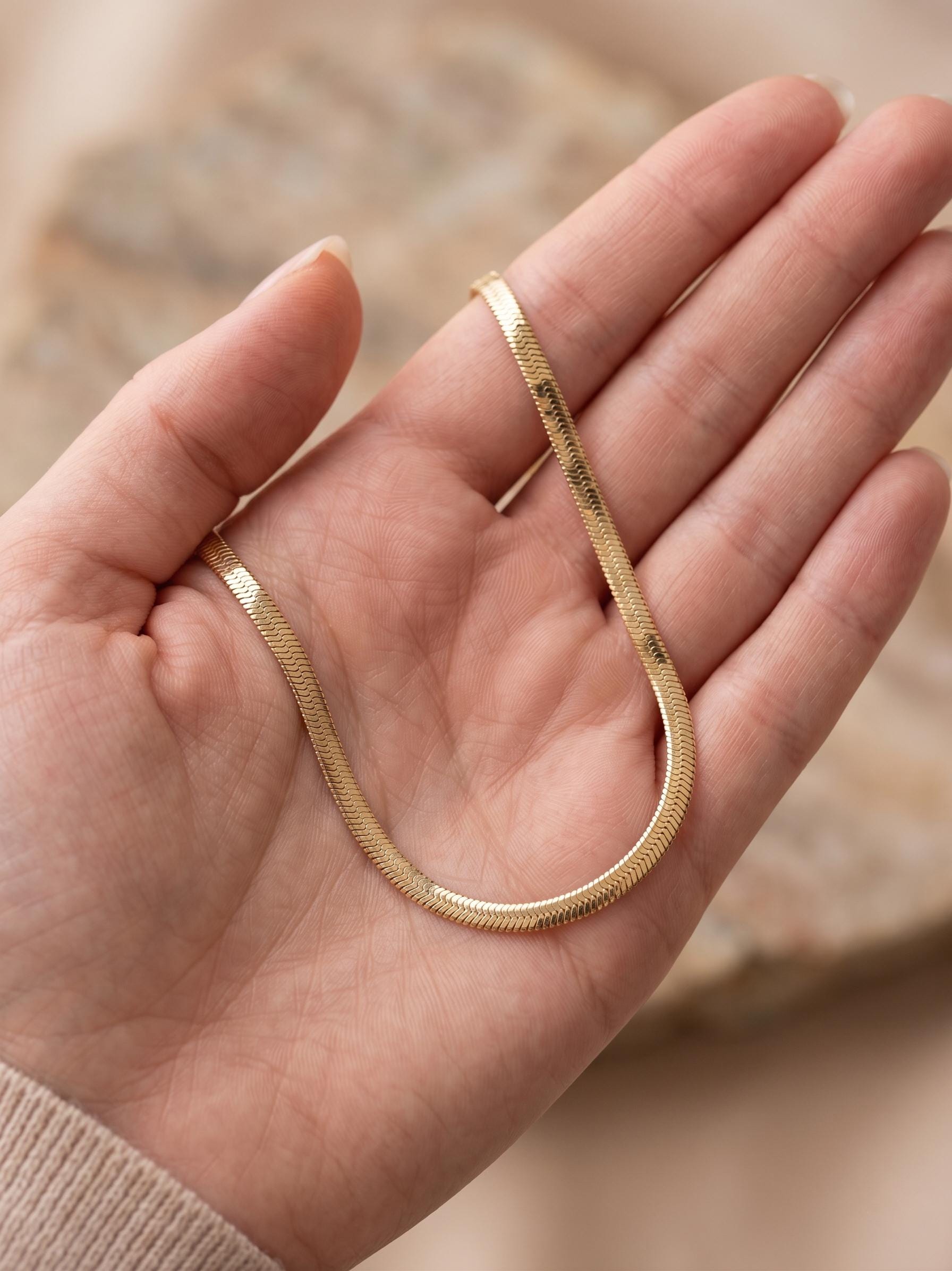 18K Real Gold Herringbone Snake Chain Necklace (4 mm)