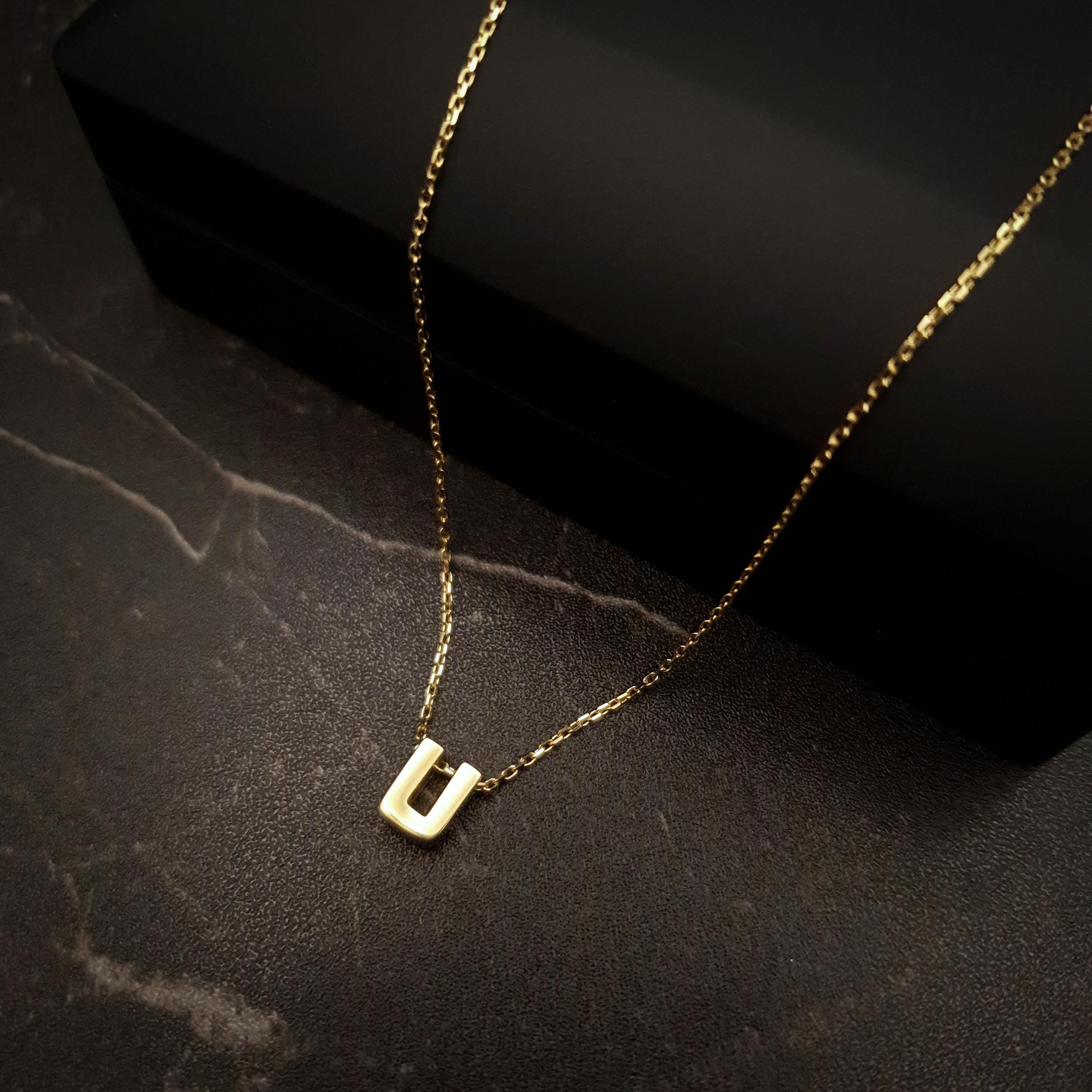 18K Real Gold U Letter Necklace - Minimalist Initial Pendant