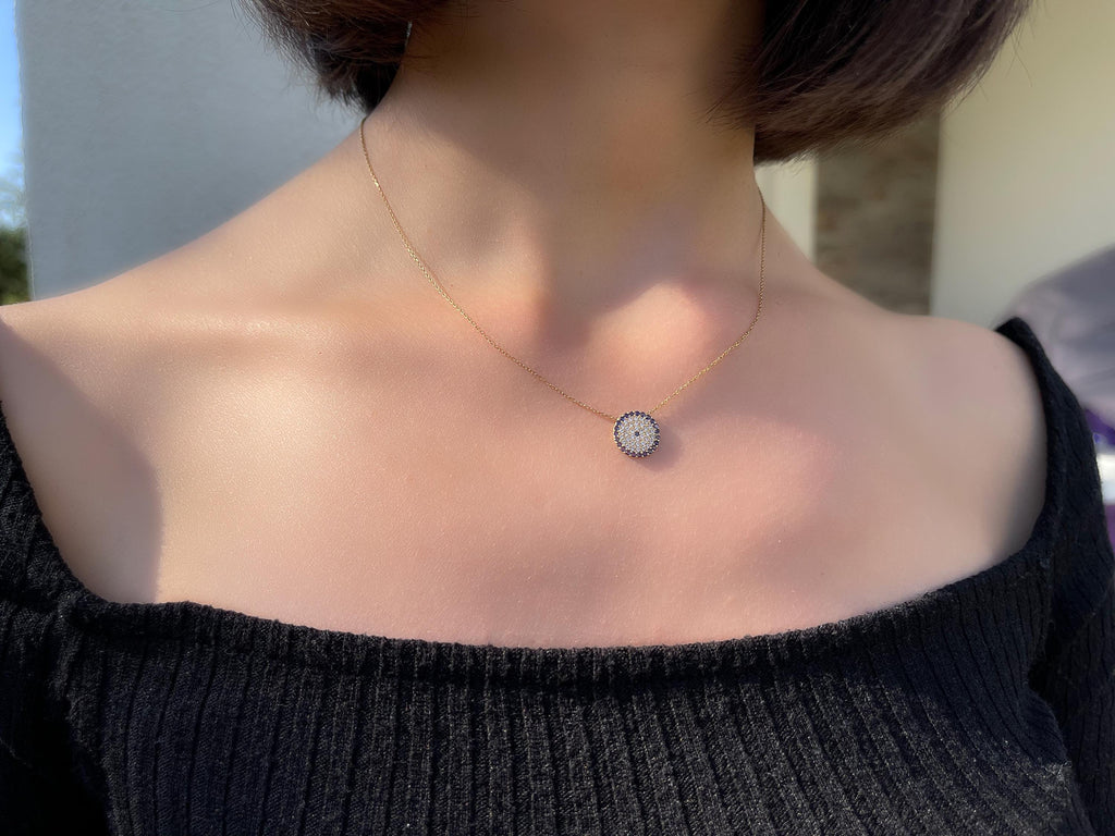 18K Gold Evil Eye Necklace, Modern Design