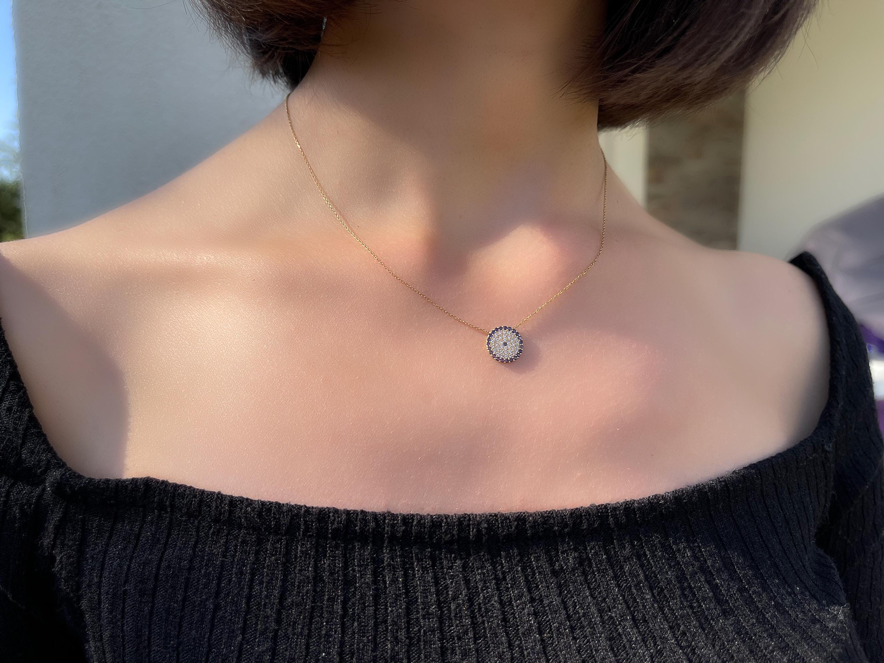 18K Gold Evil Eye Necklace, Modern Design