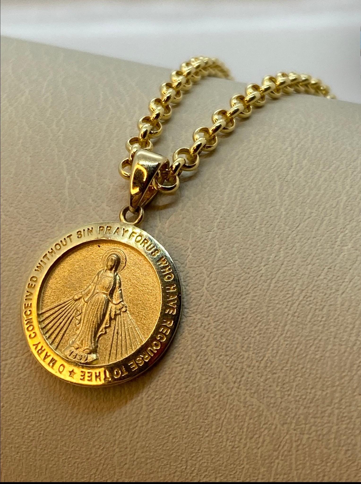 14K Gold Miraculous Medal Necklace, Virgin Mary Pendant, Minimalist Religious Jewelry, Catholic Gift.