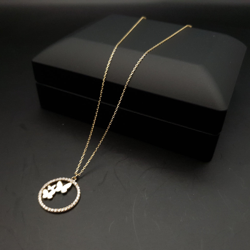 18K Gold Butterfly Necklace: Circle Pendant, Delicate Jewelry