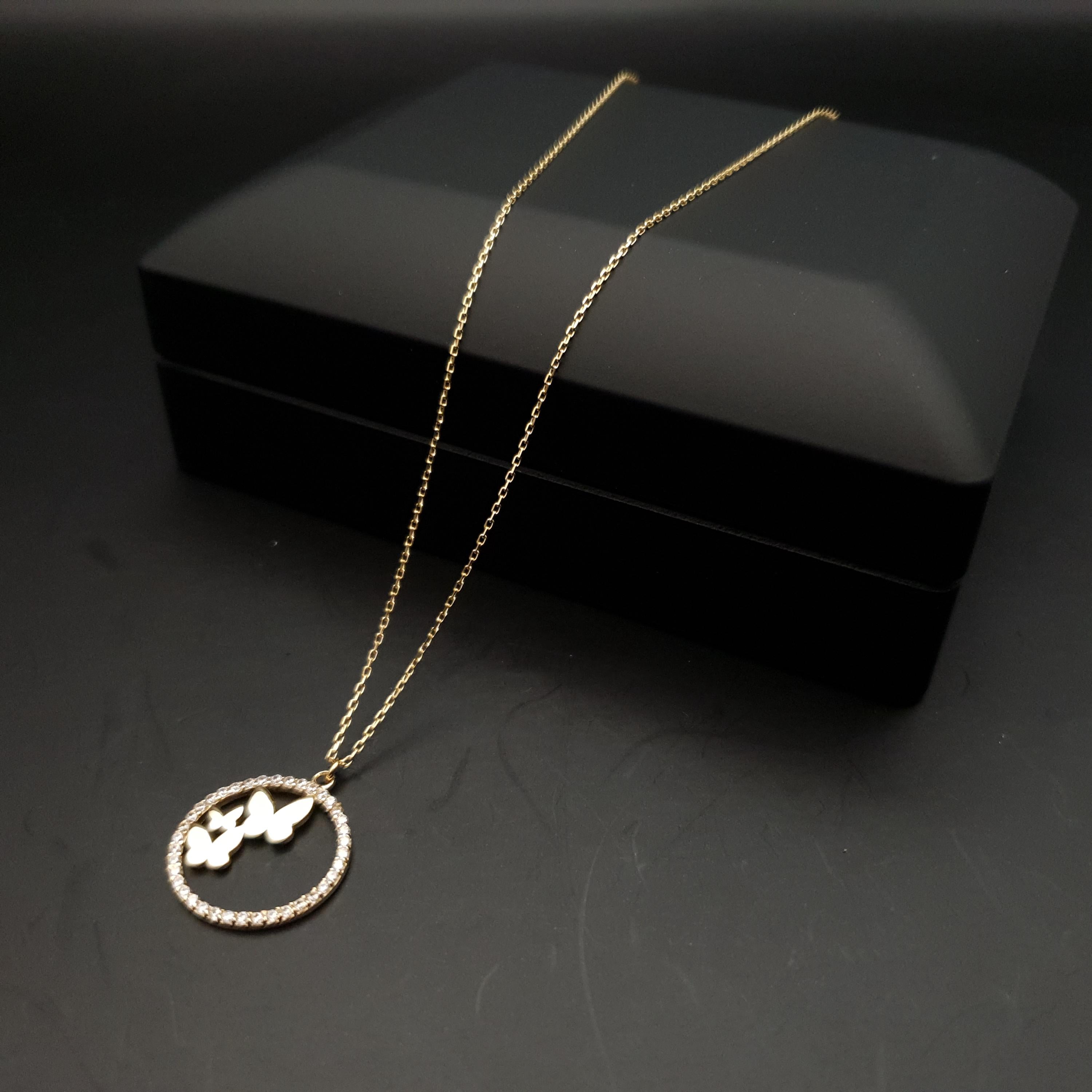 18K Gold Butterfly Necklace: Circle Pendant, Delicate Jewelry