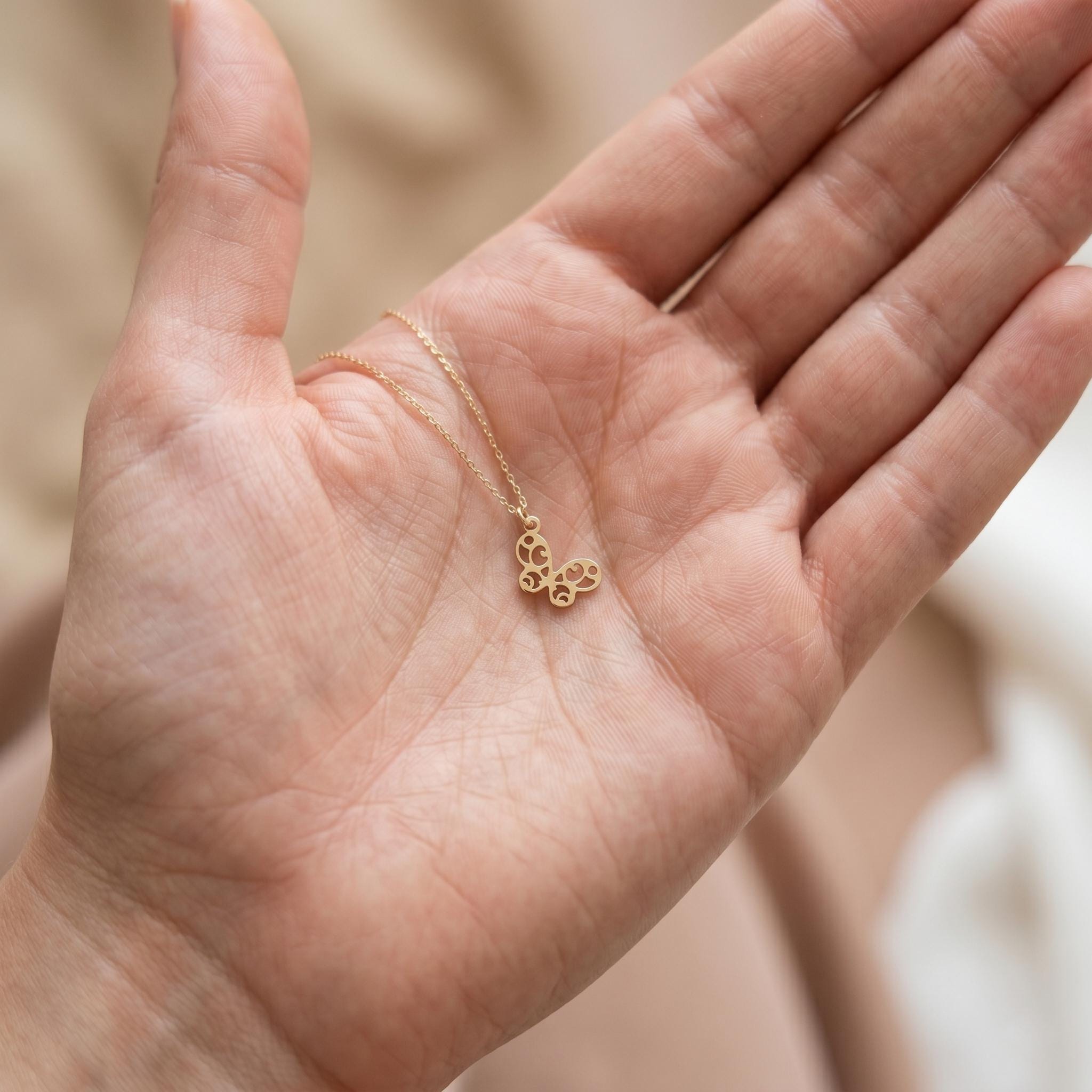 14K Gold Mini Butterfly Necklace: Delicate Charm Pendant