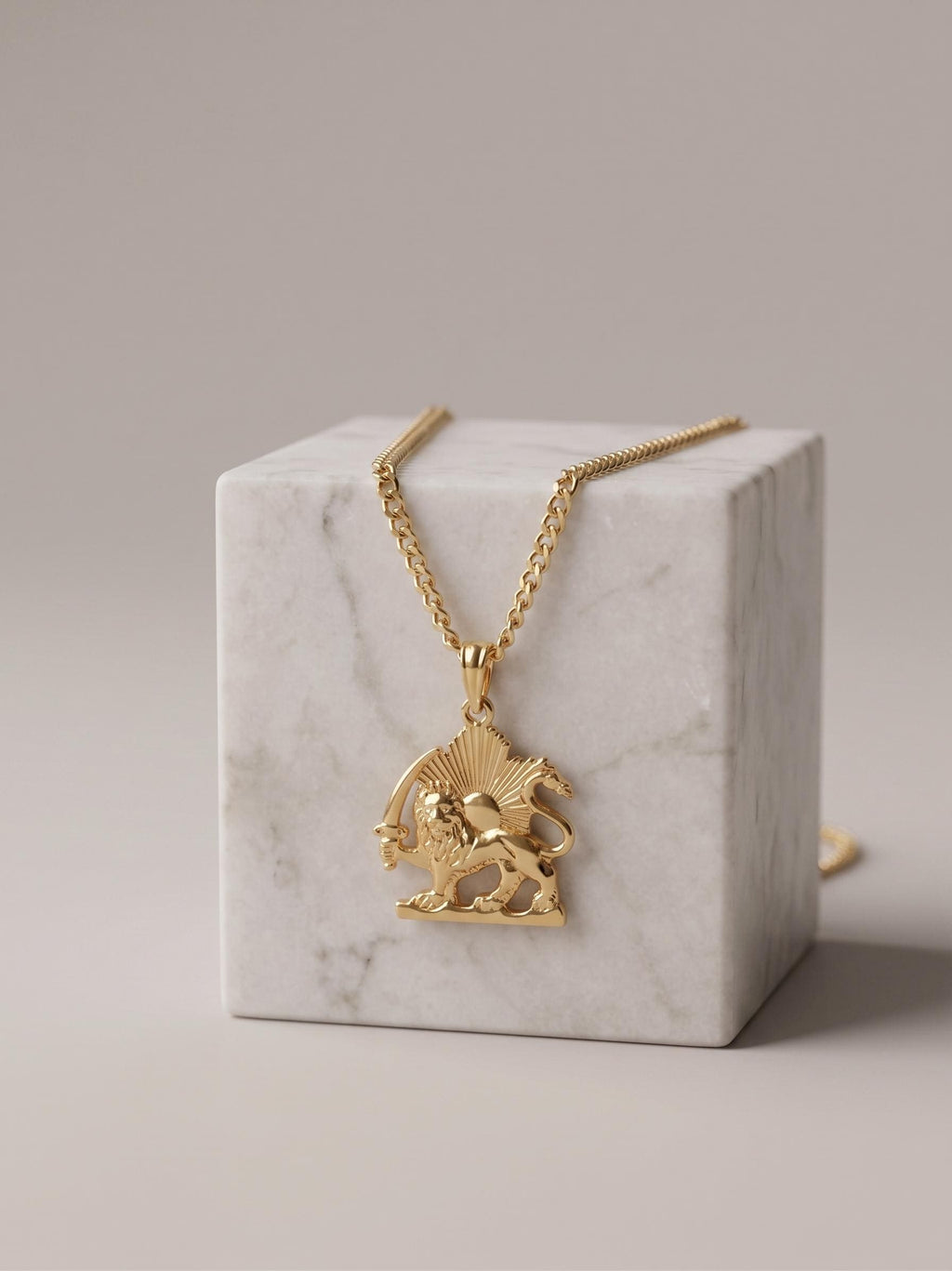 18k Solid Gold Lion and Sun Necklace: Pahlavi Symbol Pendant