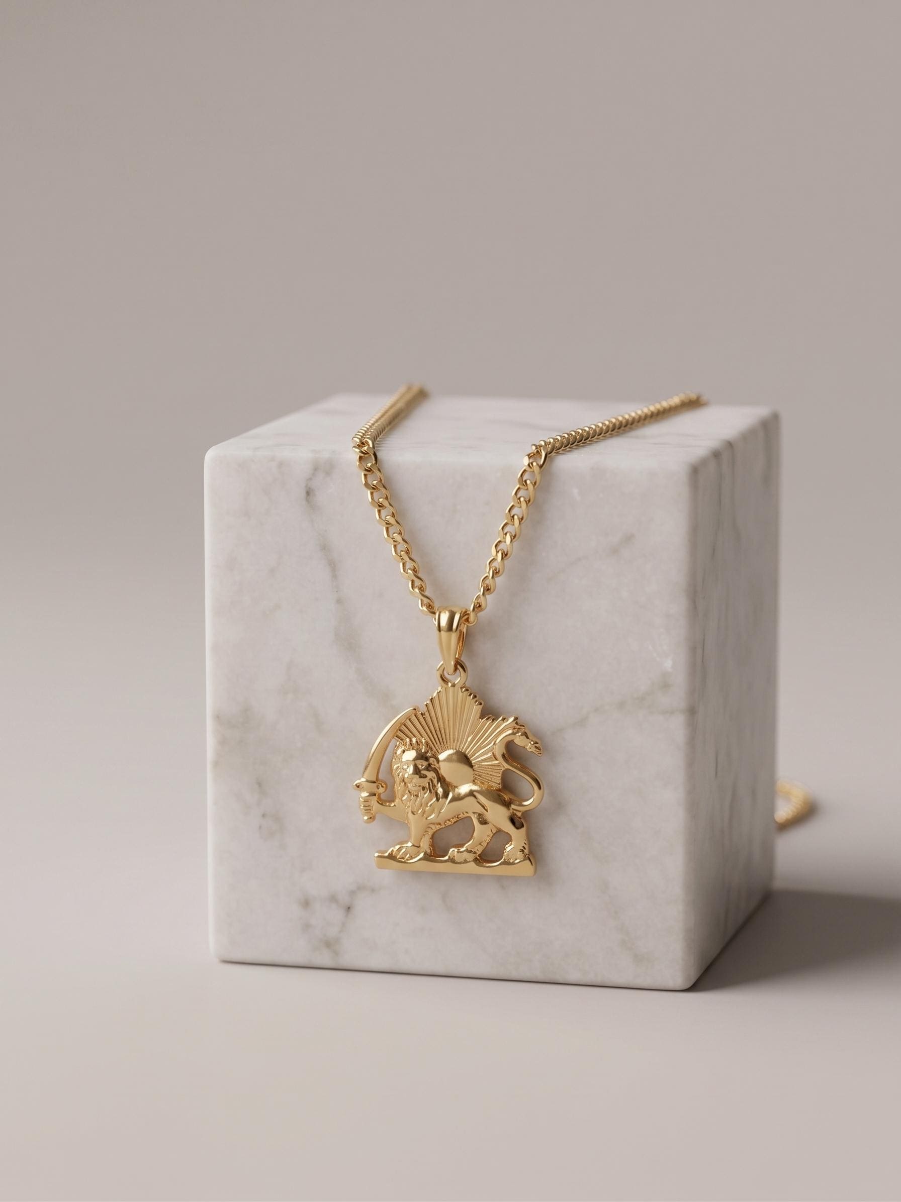 18k Solid Gold Lion and Sun Necklace: Pahlavi Symbol Pendant
