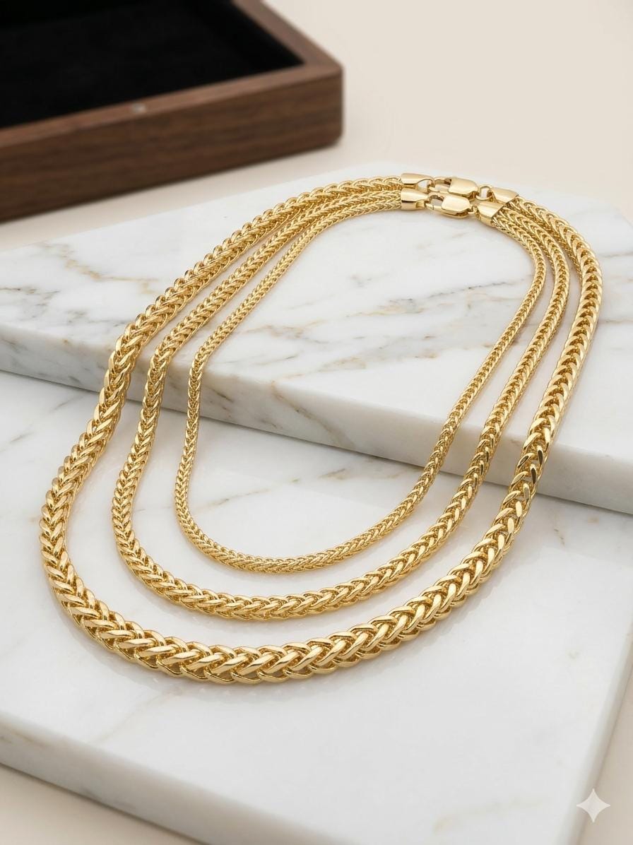14K Real Gold  Franco Chain Necklace (4mm, 3mm), Unisex, Birthday gift, Foxtail Chain