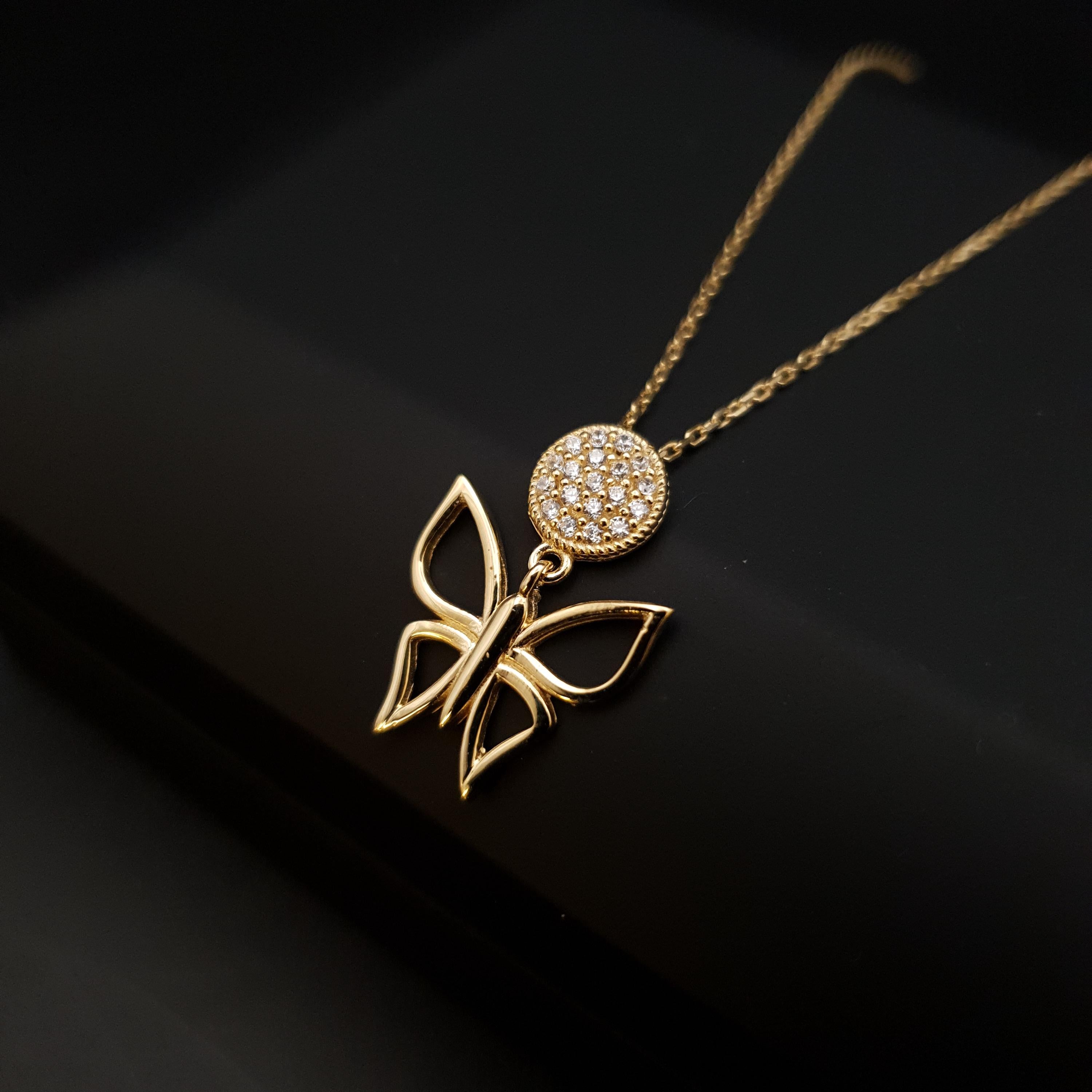 18K Gold Butterfly Necklace with Diamond Circle Pendant