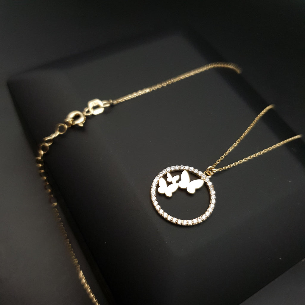 18K Gold Butterfly Necklace: Circle Pendant, Delicate Jewelry