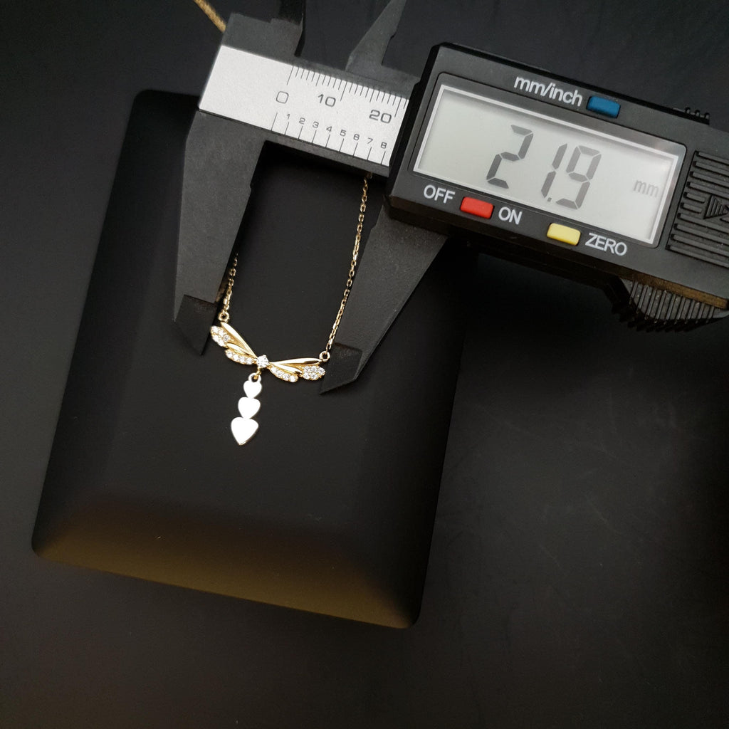18K Gold Dragonfly Necklace with Heart Charms, Delicate Pendant