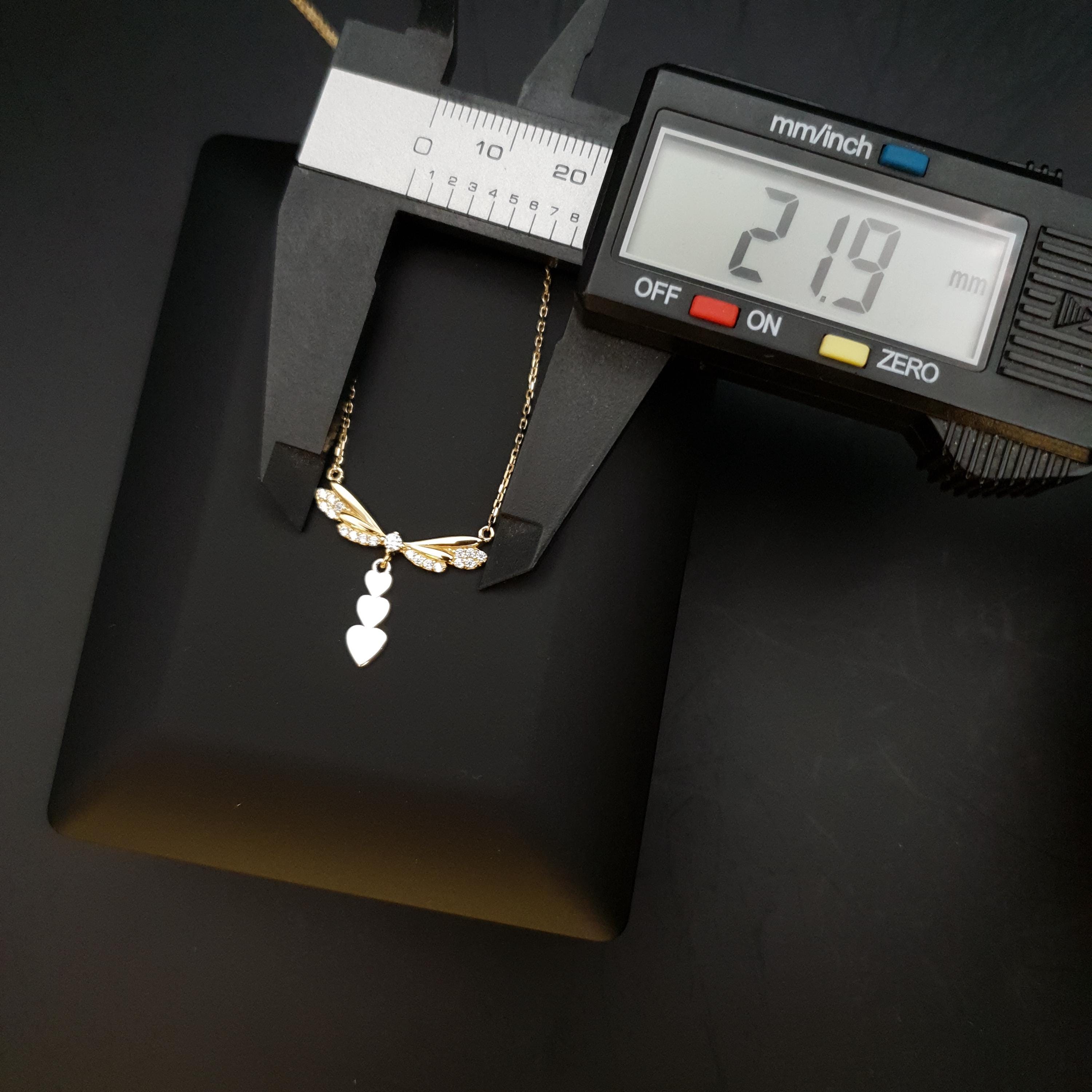 18K Gold Dragonfly Necklace with Heart Charms, Delicate Pendant