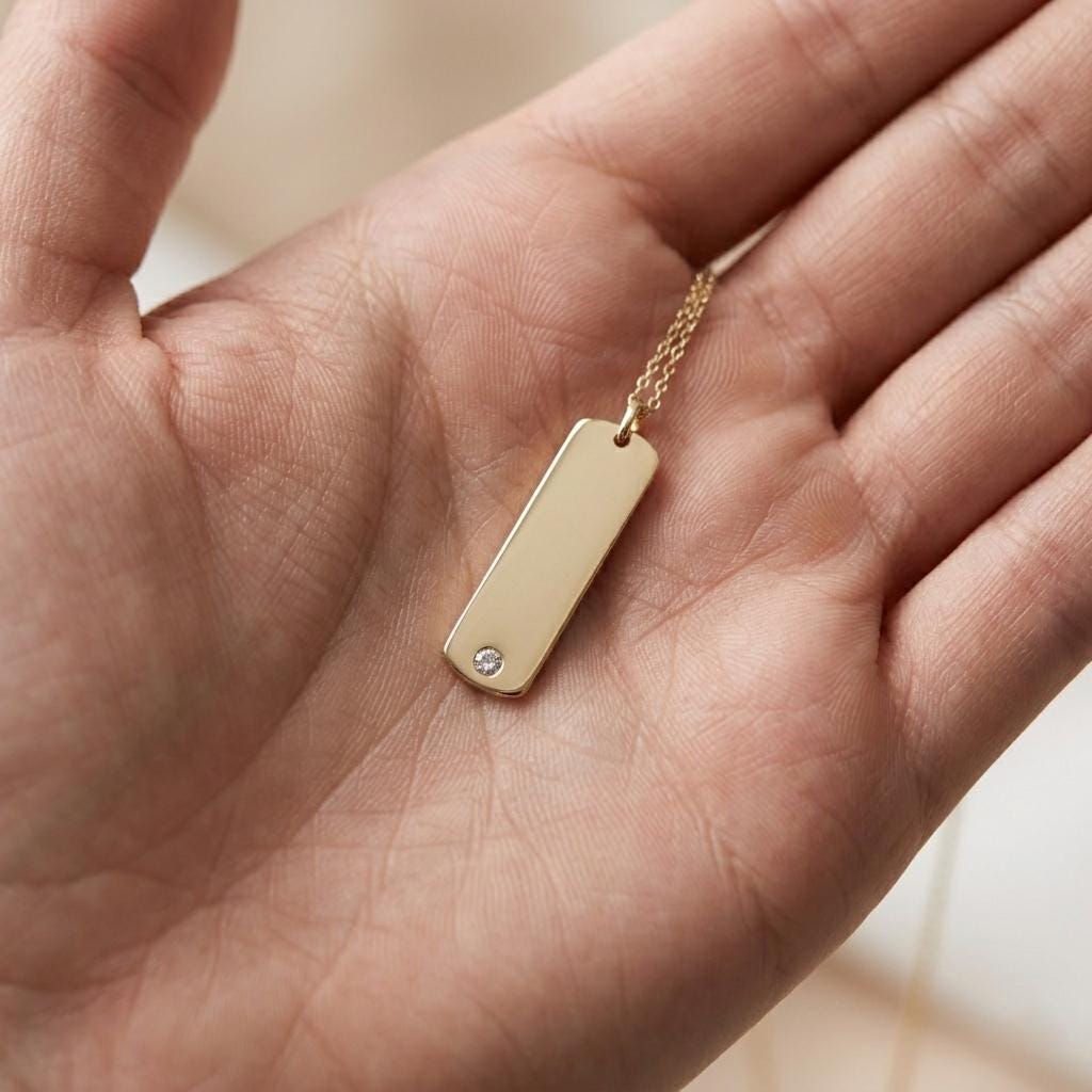 14K Gold Rectangle Plate Necklace with Charm
