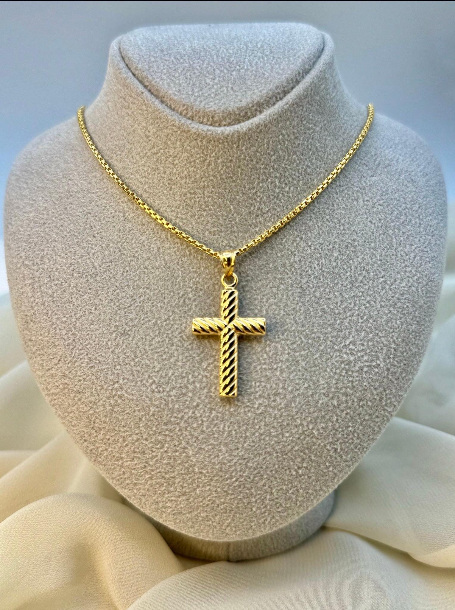 18k Real Gold Cross Necklace with 2mm Box Chain,Cross Pendant