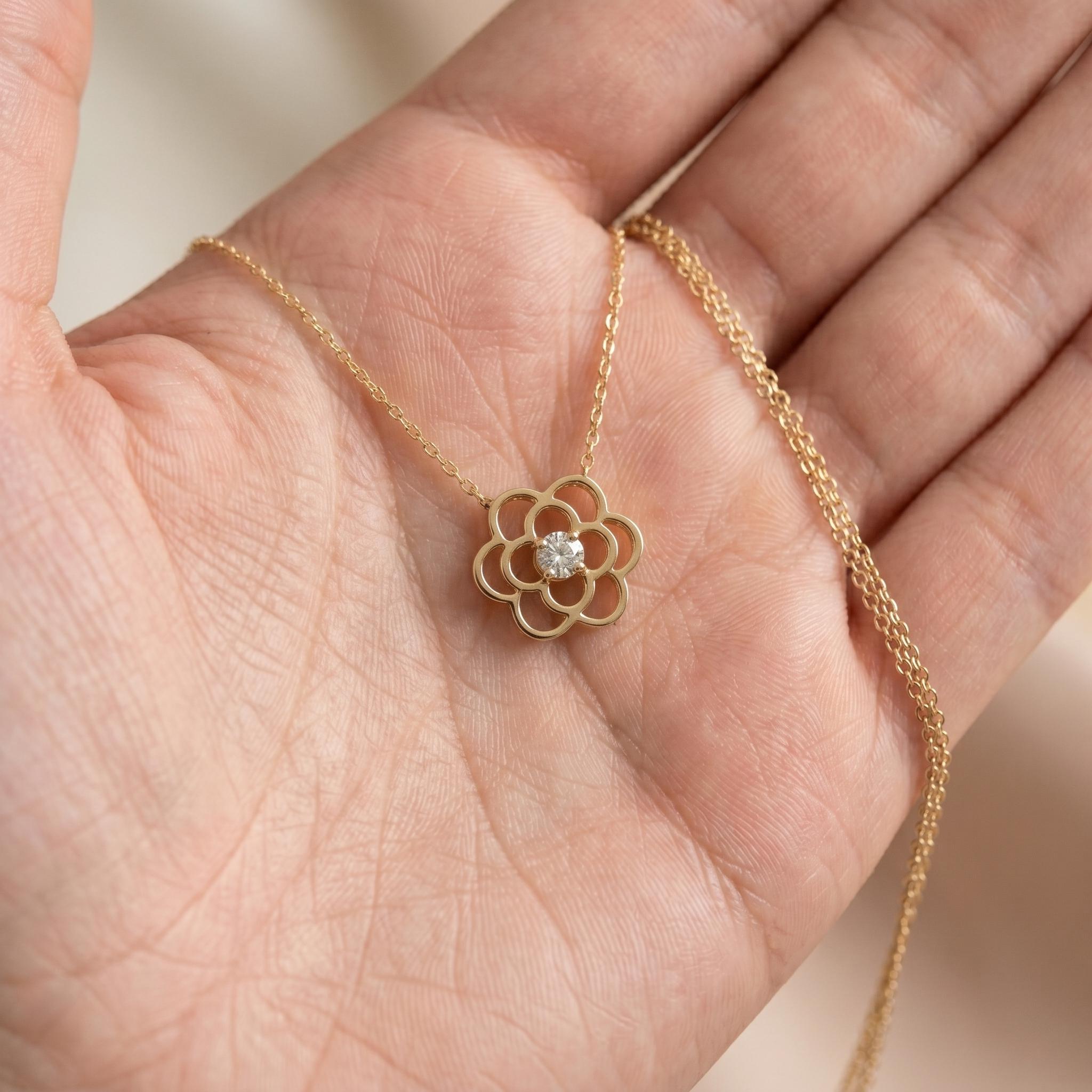 14K Gold Rose Flower Necklace: Floral Pendant, Delicate Jewelry